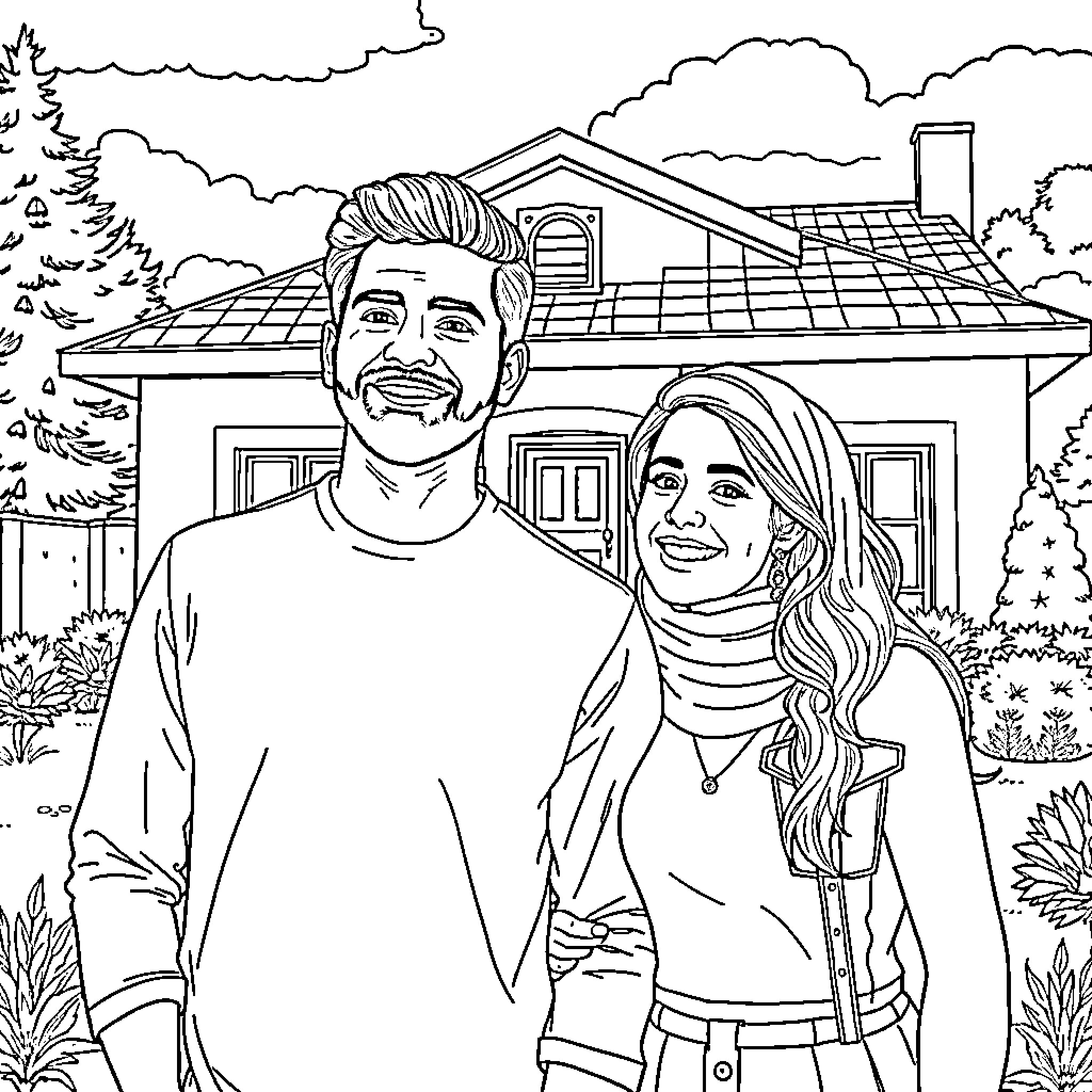 House with Smiling Couple on the Lawn Coloring Page (free black-and-white line drawing printable PDF for all, from beginners to advanced learners, including children, teens, adults, and seniors)