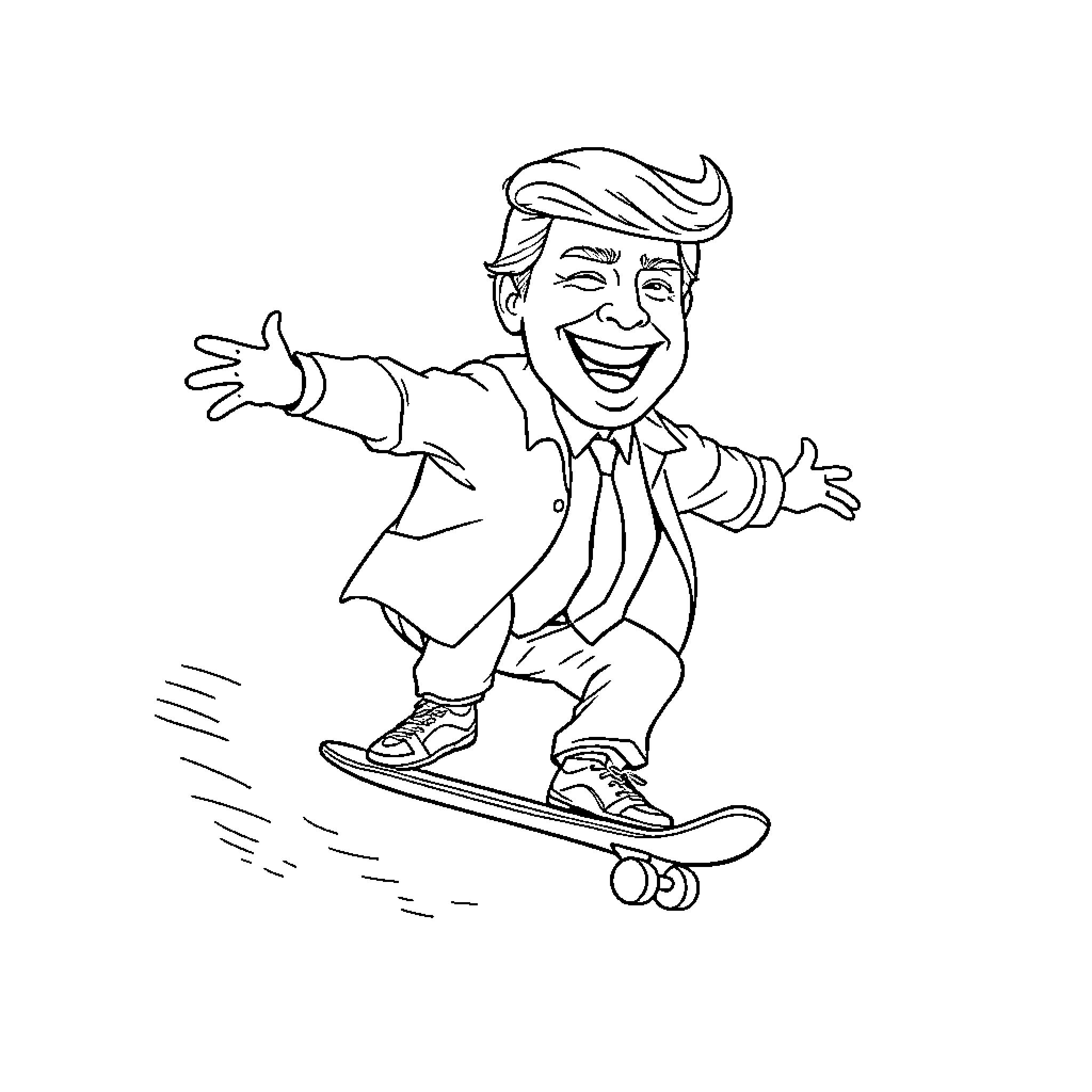 Trump Riding a Skateboard with Enthusiasm Coloring Page (free black-and-white line drawing printable PDF for all, from beginners to advanced learners, including children, teens, adults, and seniors)