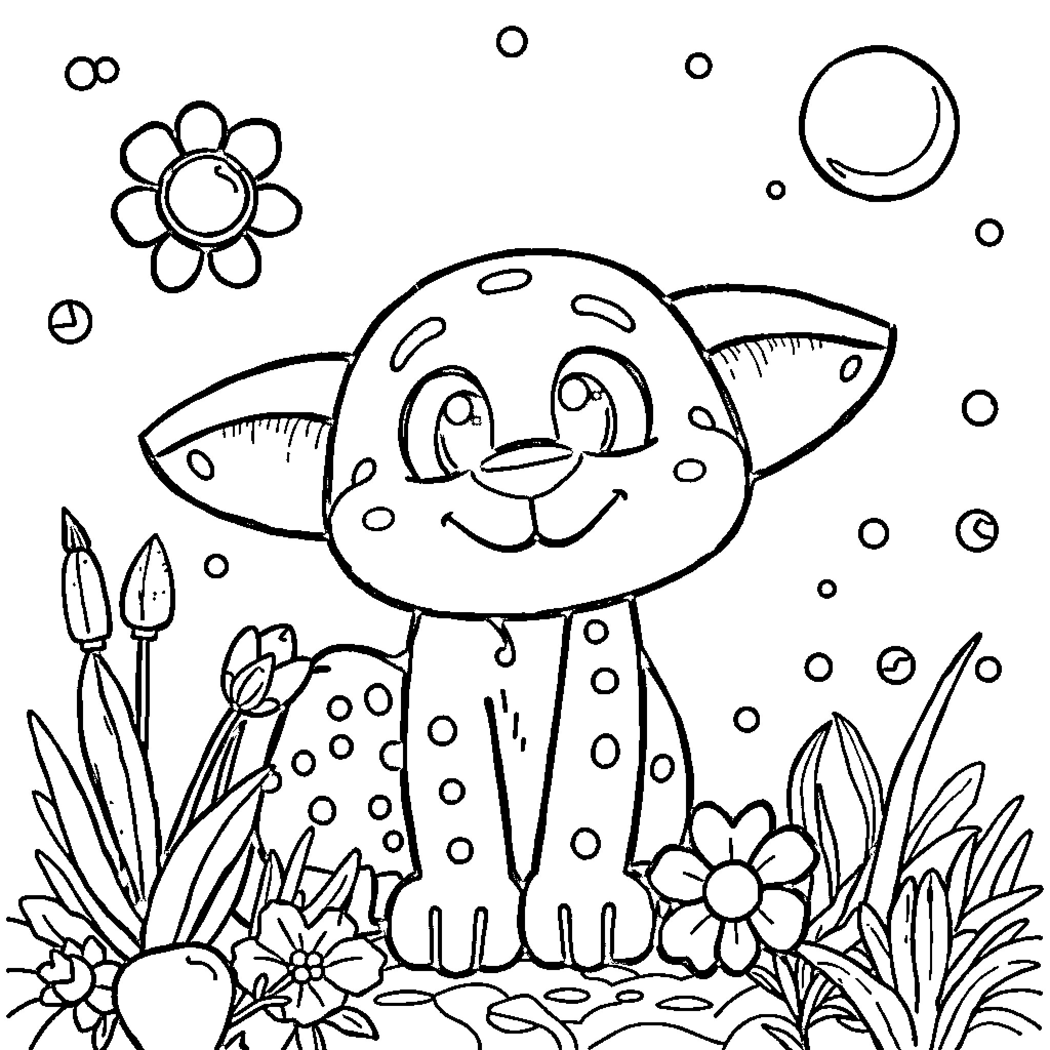 Kids Enjoying Playful Animal in Nature Coloring Page (free black-and-white line drawing printable PDF for all, from beginners to advanced learners, including children, teens, adults, and seniors)