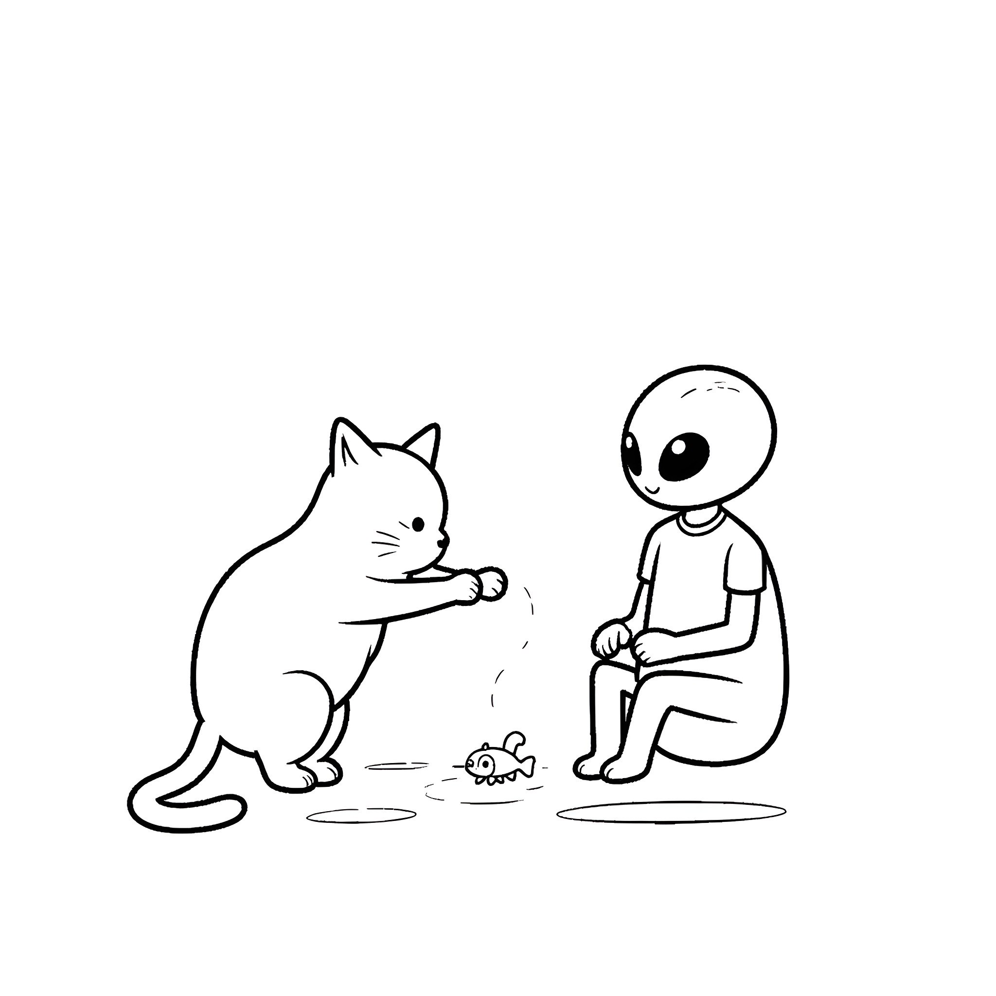 Cat and alien playing together Coloring Page (free black-and-white line drawing printable PDF for all, from beginners to advanced learners, including children, teens, adults, and seniors)