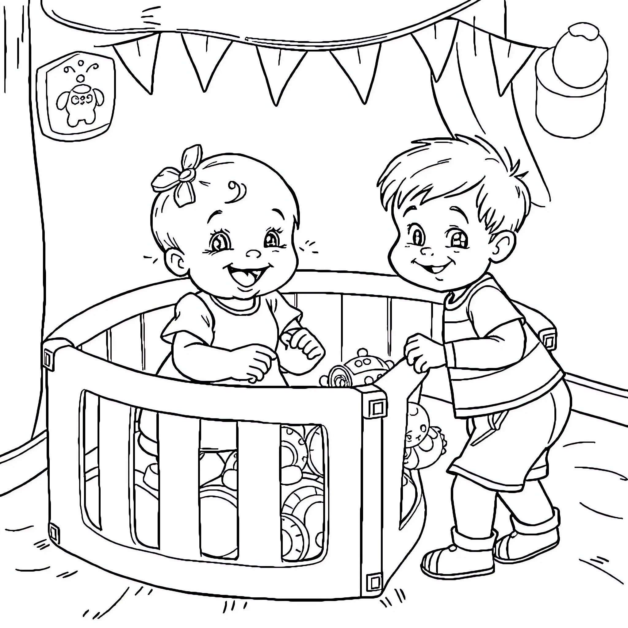 Baby Girl and Boy Playing Together Happily Coloring Page (free black-and-white line drawing printable PDF for all, from beginners to advanced learners, including children, teens, adults, and seniors)