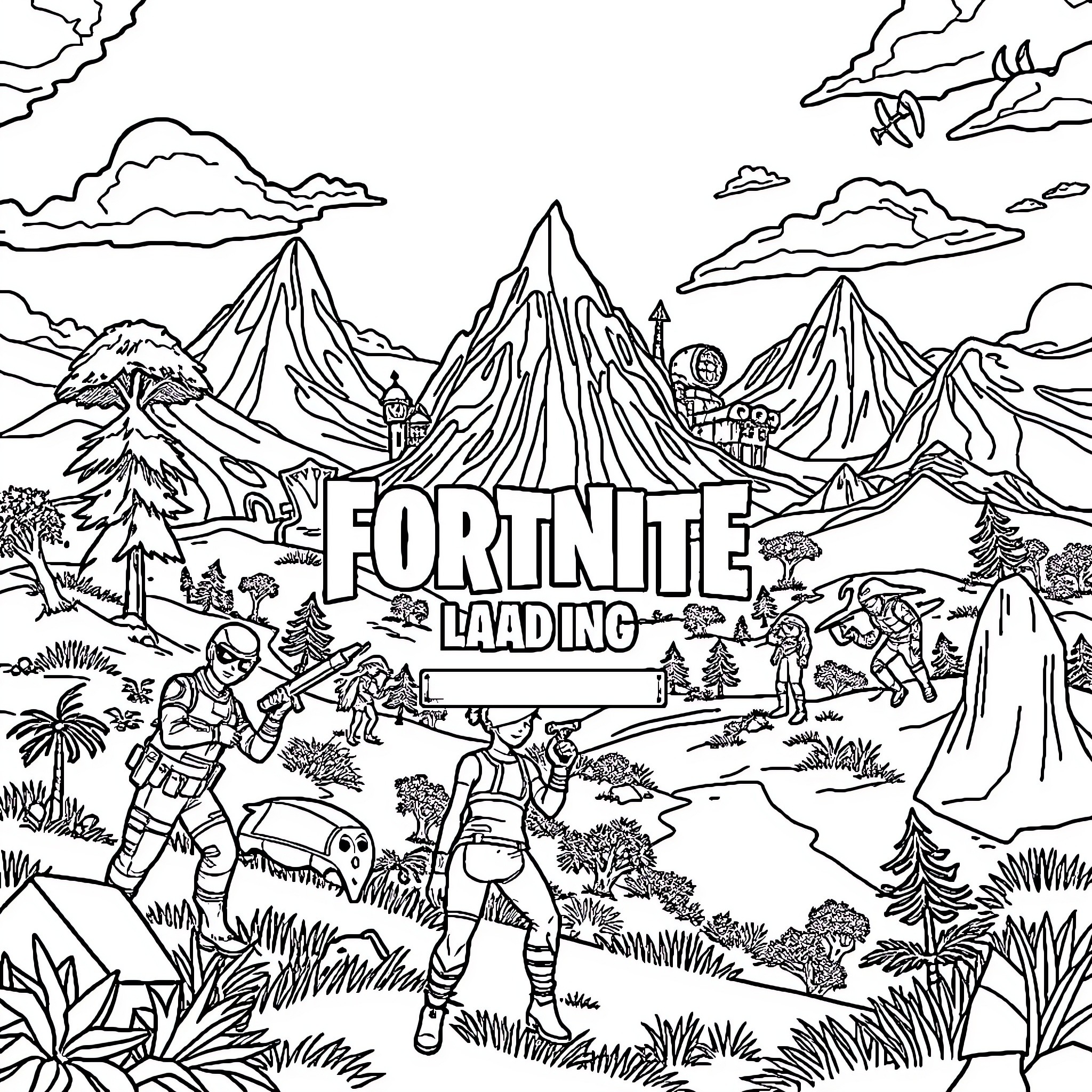 Fortnite Characters in Detailed Game Environment Coloring Page (free black-and-white line drawing printable PDF for all, from beginners to advanced learners, including children, teens, adults, and seniors)