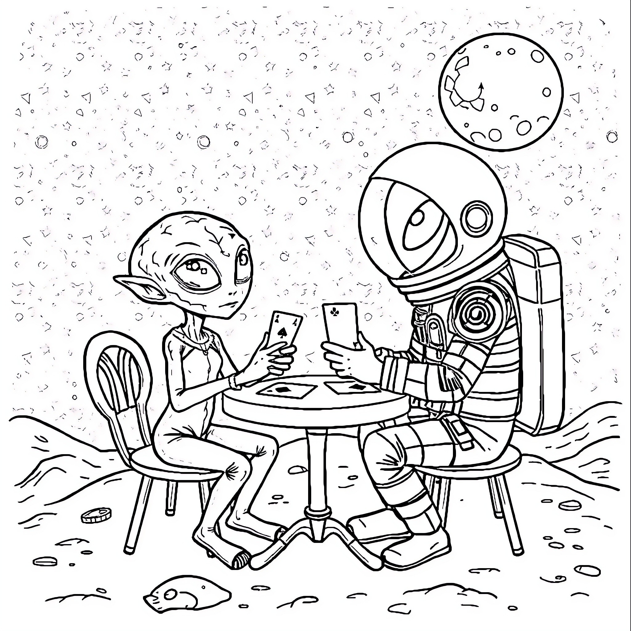 Alien travelers enjoying a casual meal together Coloring Page (free black-and-white line drawing printable PDF for all, from beginners to advanced learners, including children, teens, adults, and seniors)
