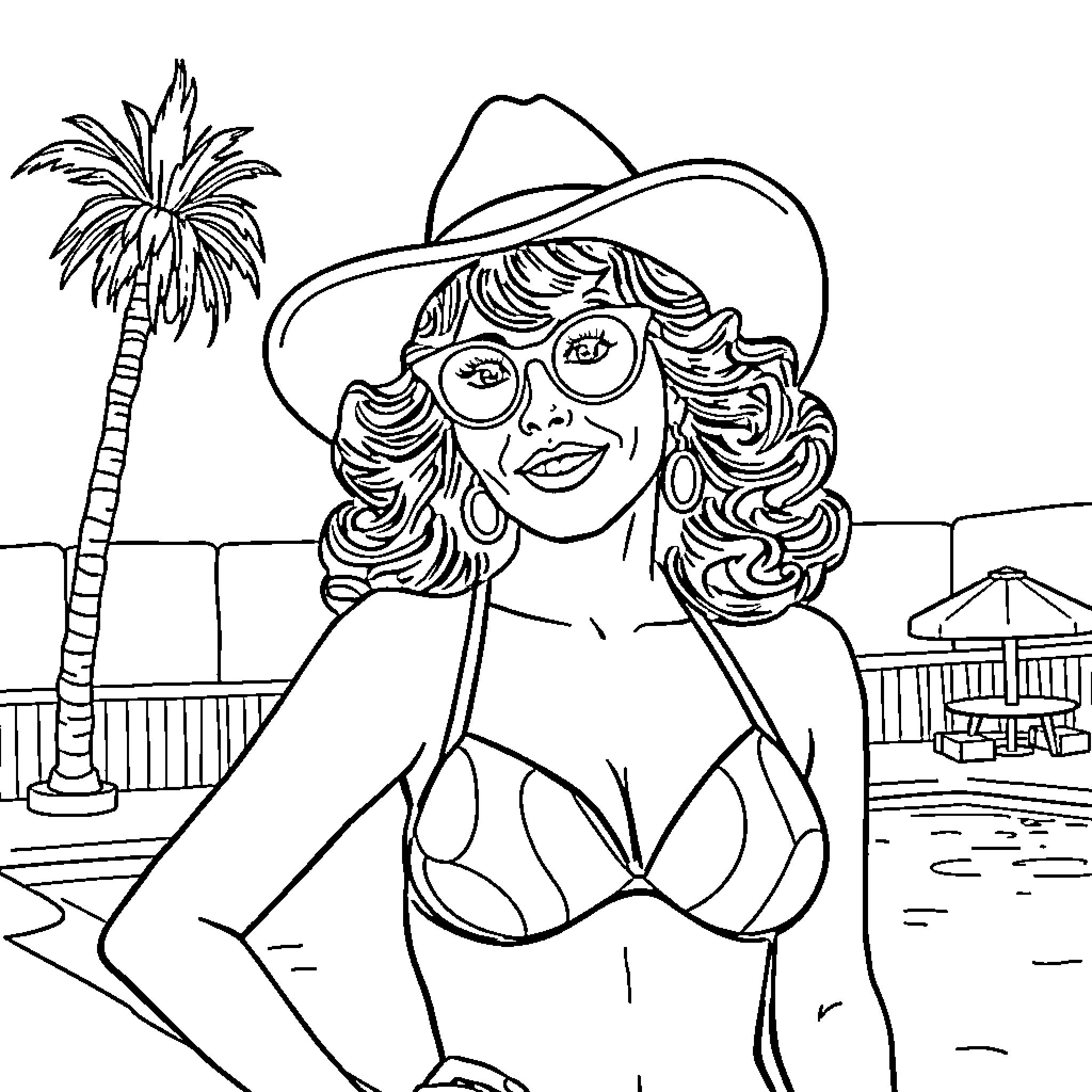 Katy Segal relaxing by the beach in her swimsuit Coloring Page (free black-and-white line drawing printable PDF for all, from beginners to advanced learners, including children, teens, adults, and seniors)