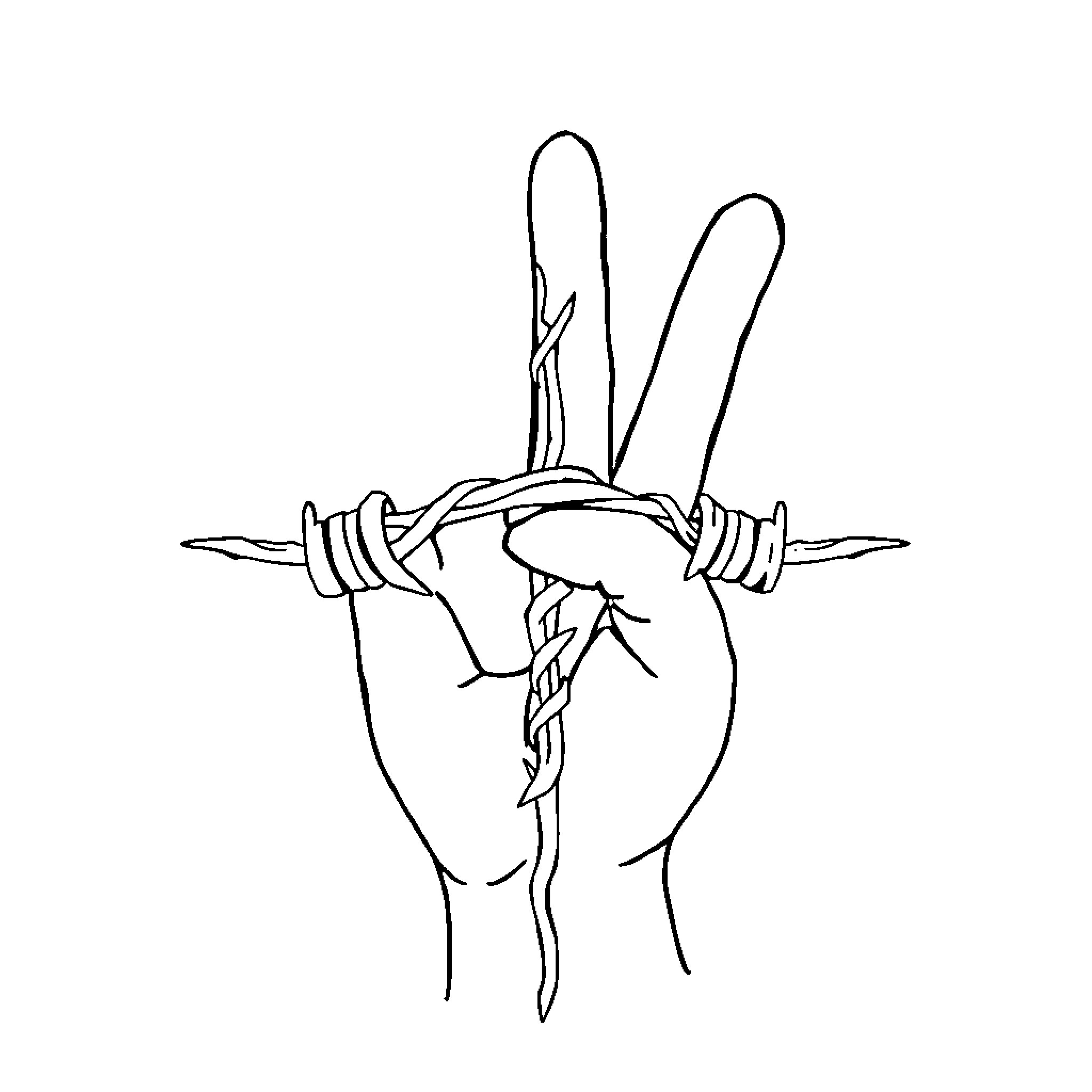 Peace Sign with Barbed Wire and Torn Heart Coloring Page (free black-and-white line drawing printable PDF for all, from beginners to advanced learners, including children, teens, adults, and seniors)