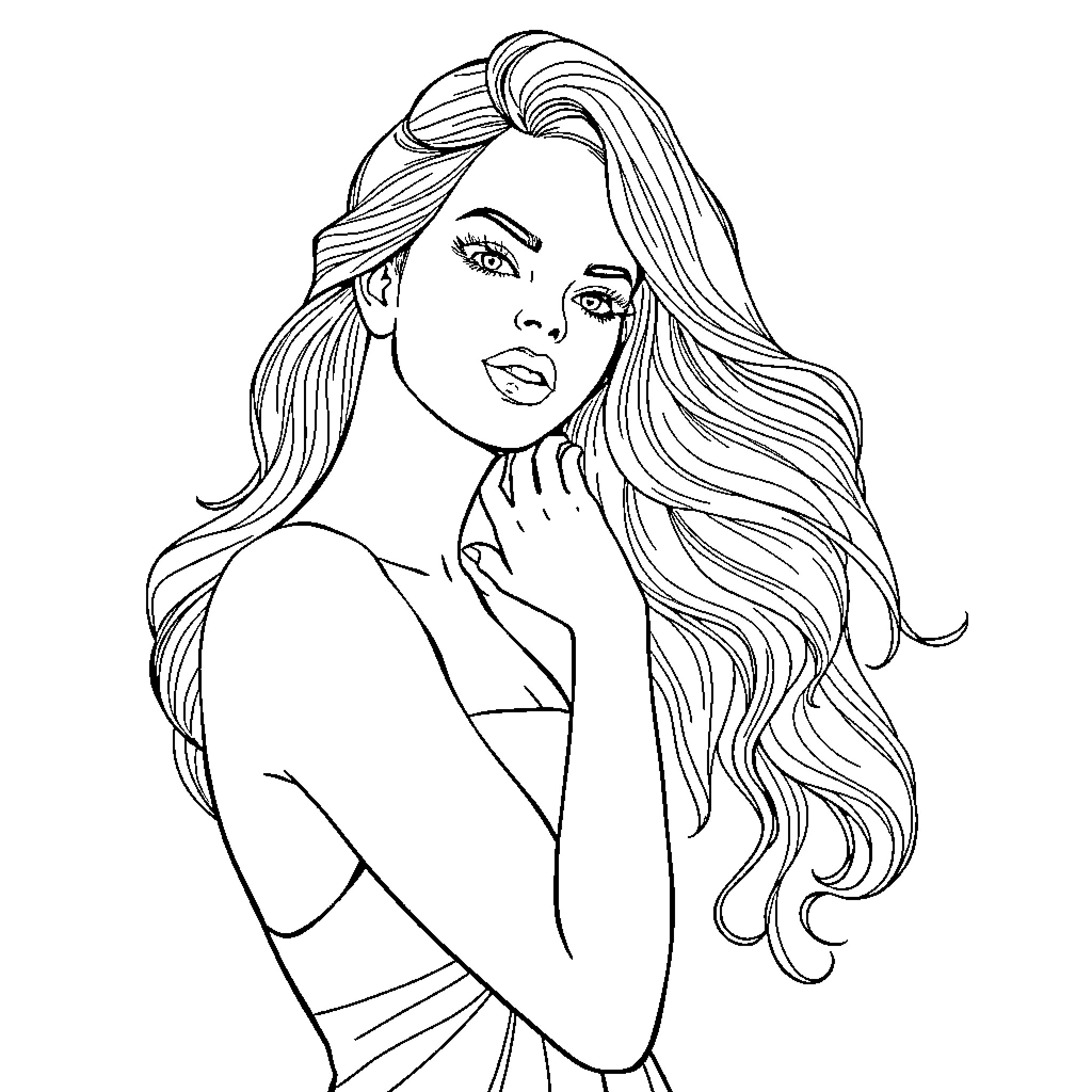 Woman with flowing hair in contemplative pose Coloring Page (free black-and-white line drawing printable PDF for all, from beginners to advanced learners, including children, teens, adults, and seniors)