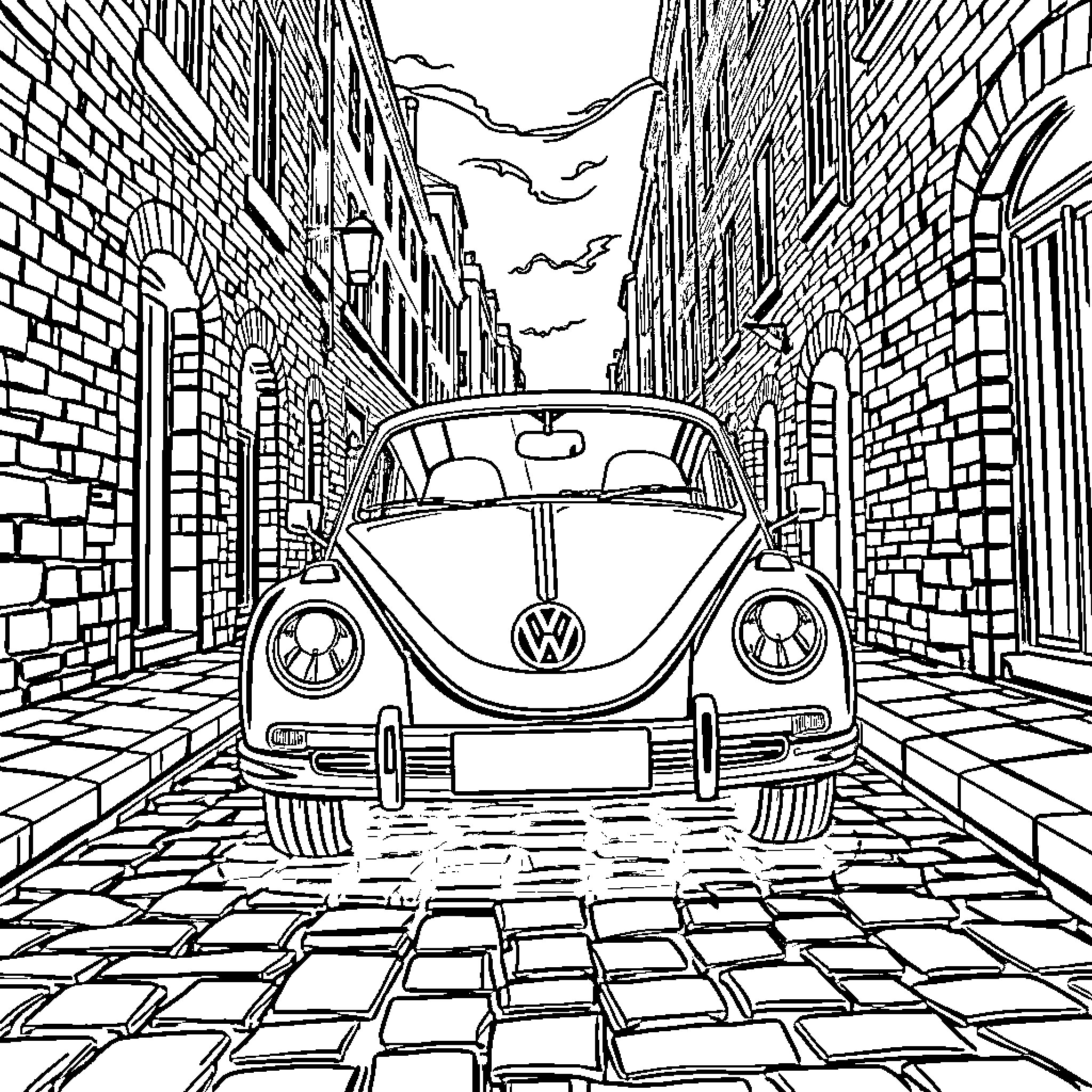 Volkswagen Beetle driving through a narrow urban alley Coloring Page (free black-and-white line drawing printable PDF for all, from beginners to advanced learners, including children, teens, adults, and seniors)