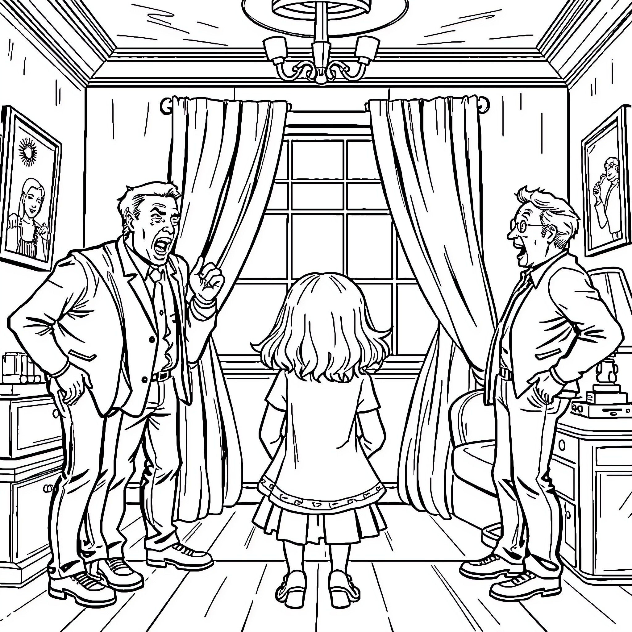 Men conversing with a woman in a room Coloring Page (free black-and-white line drawing printable PDF for all, from beginners to advanced learners, including children, teens, adults, and seniors)
