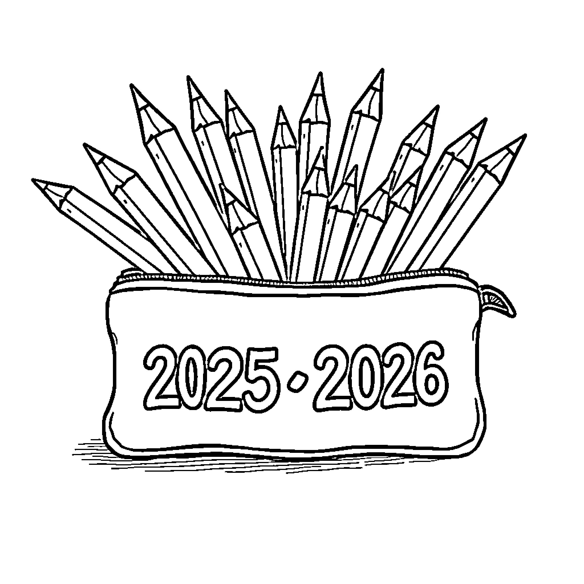 Pencil Case with School Years 2025-2026 Coloring Page (free black-and-white line drawing printable PDF for all, from beginners to advanced learners, including children, teens, adults, and seniors)