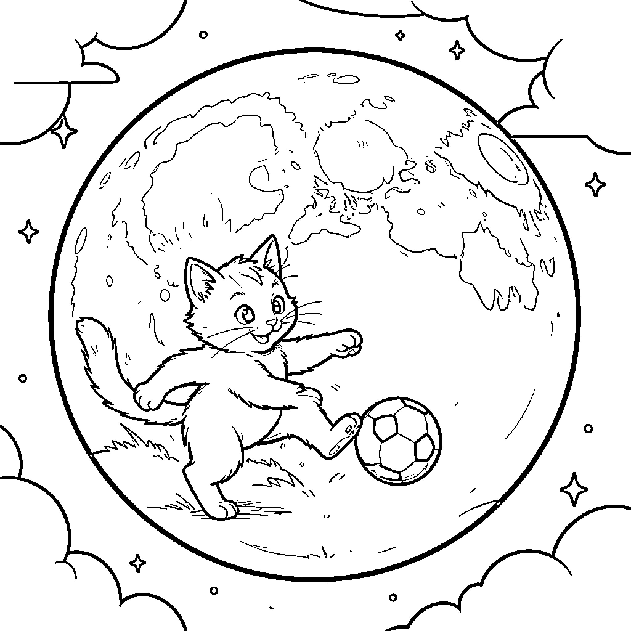 Cat playing with soccer ball under the moon Coloring Page (free black-and-white line drawing printable PDF for all, from beginners to advanced learners, including children, teens, adults, and seniors)