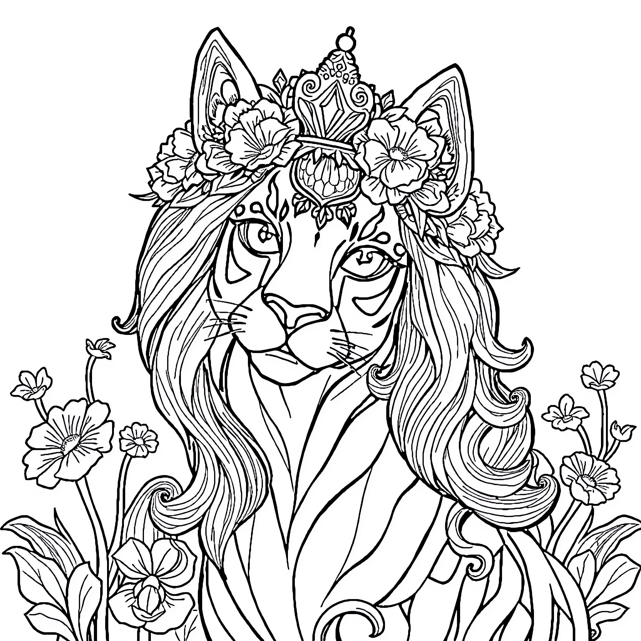 Compass of Enchanted Feline Botanicals Coloring Page (free black-and-white line drawing printable PDF for all, from beginners to advanced learners, including children, teens, adults, and seniors)