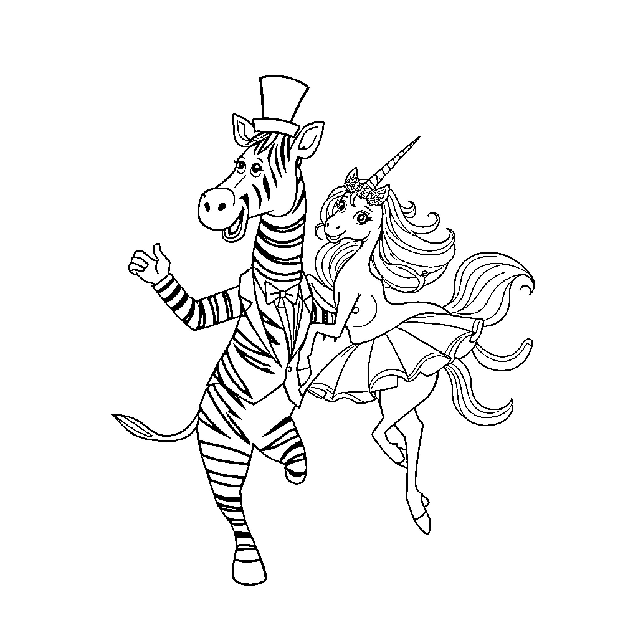 Zebra and Unicorn Dancing Together Coloring Page (free black-and-white line drawing printable PDF for all, from beginners to advanced learners, including children, teens, adults, and seniors)