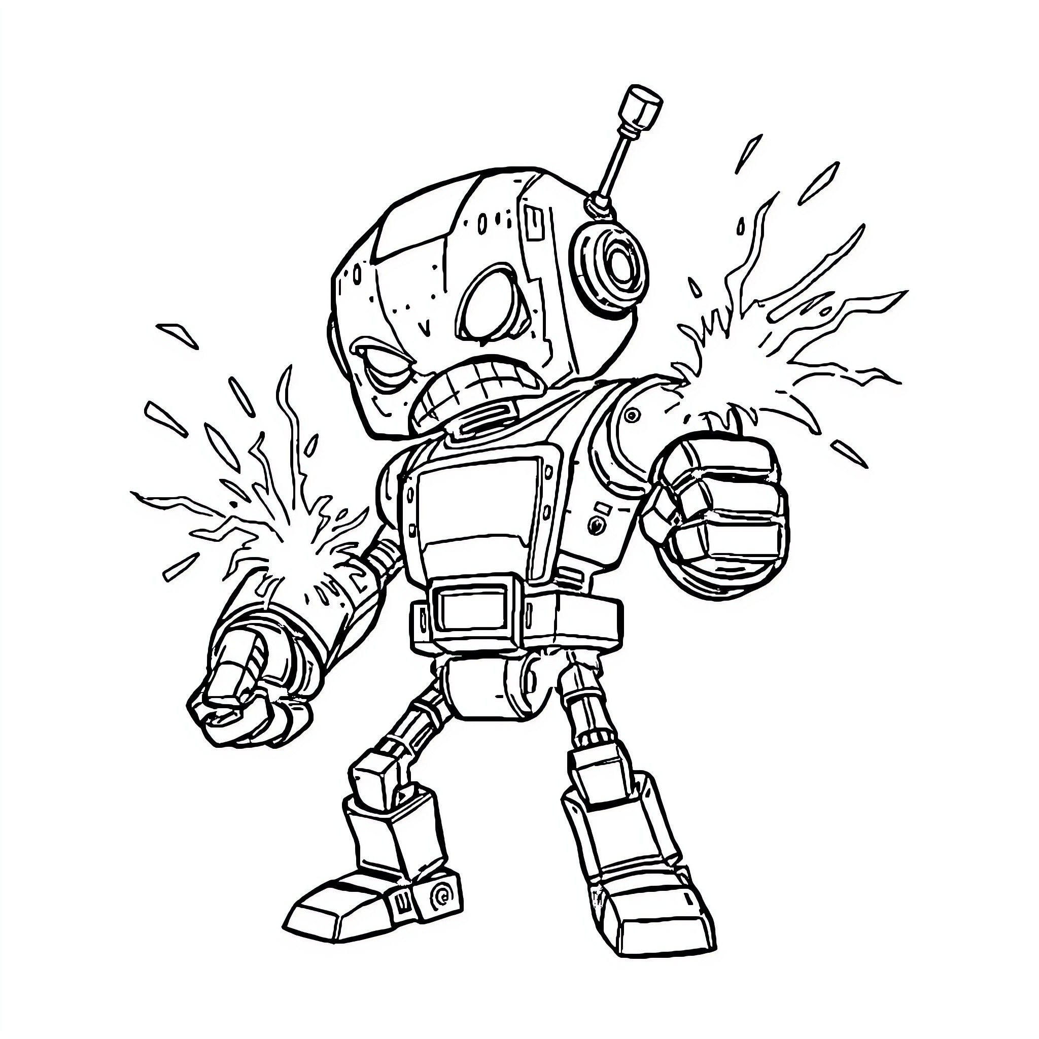 Robot Attacking with Laser Blasters Coloring Page (free black-and-white line drawing printable PDF for all, from beginners to advanced learners, including children, teens, adults, and seniors)