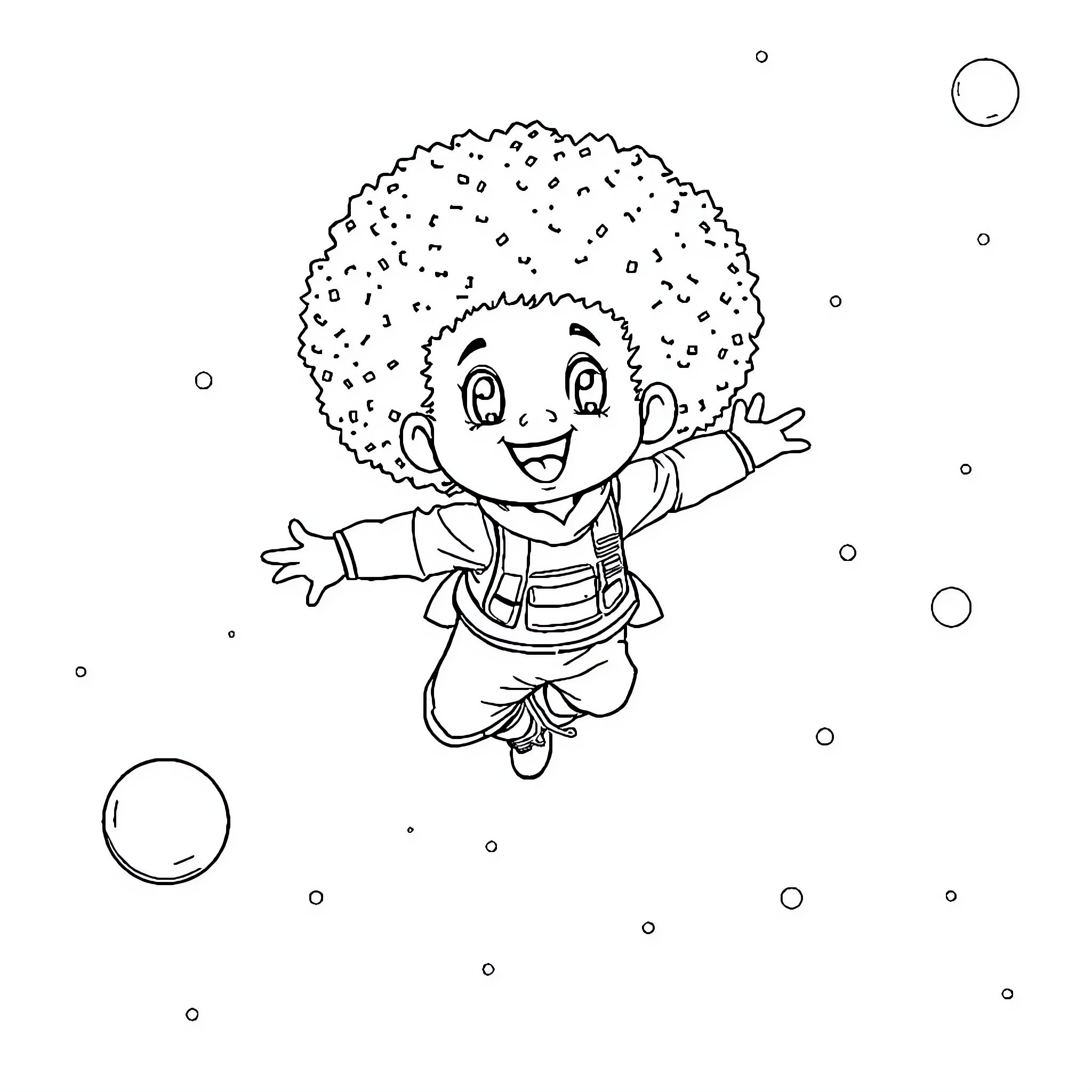 Afro-styled Character Joyfully Floating Coloring Page (free black-and-white line drawing printable PDF for all, from beginners to advanced learners, including children, teens, adults, and seniors)