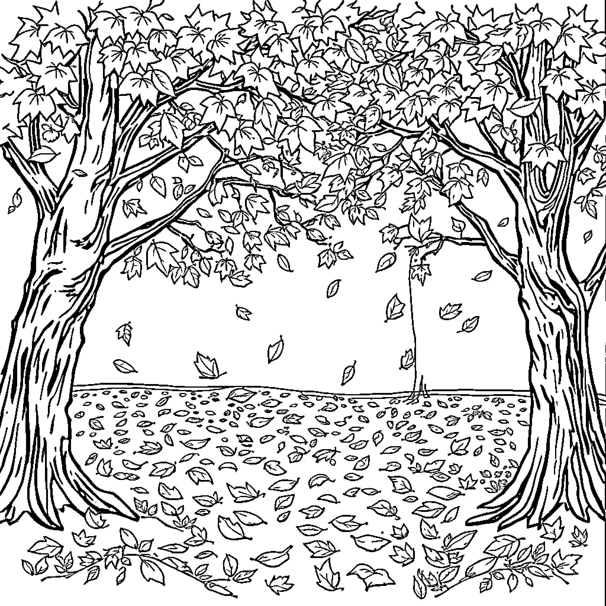 Autumn Foliage in the Breeze Coloring Page (free black-and-white line drawing printable PDF for all, from beginners to advanced learners, including children, teens, adults, and seniors)