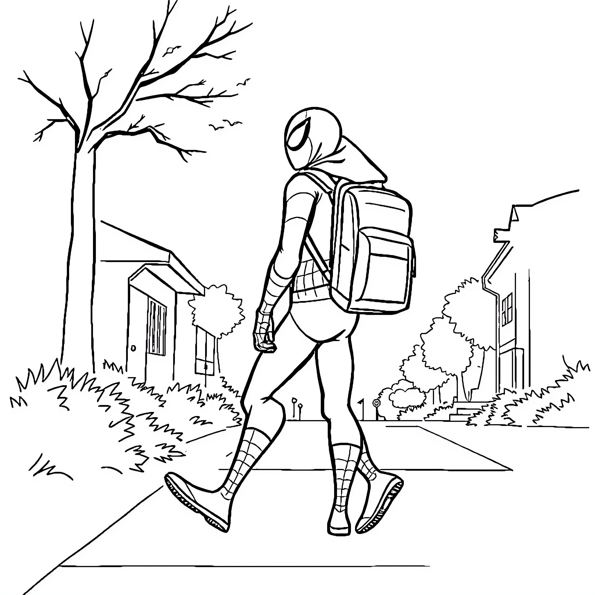 Spiderman walking on city streets Coloring Page (free black-and-white line drawing printable PDF for all, from beginners to advanced learners, including children, teens, adults, and seniors)