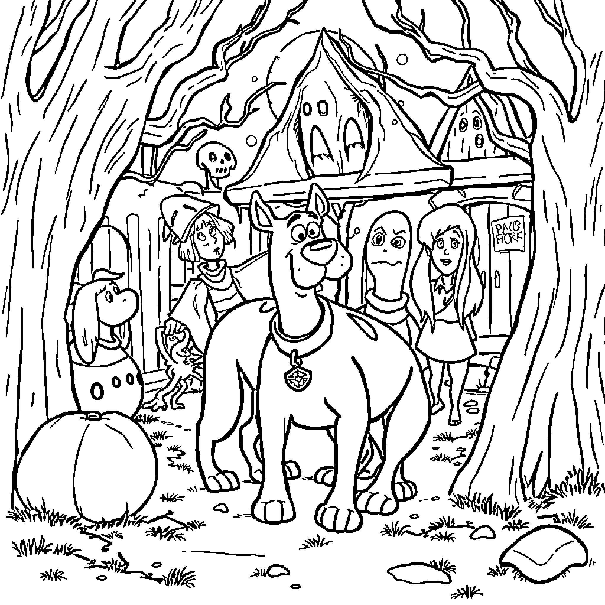 Scooby Doo and the Spooky Haunted House Adventure Coloring Page (free black-and-white line drawing printable PDF for all, from beginners to advanced learners, including children, teens, adults, and seniors)