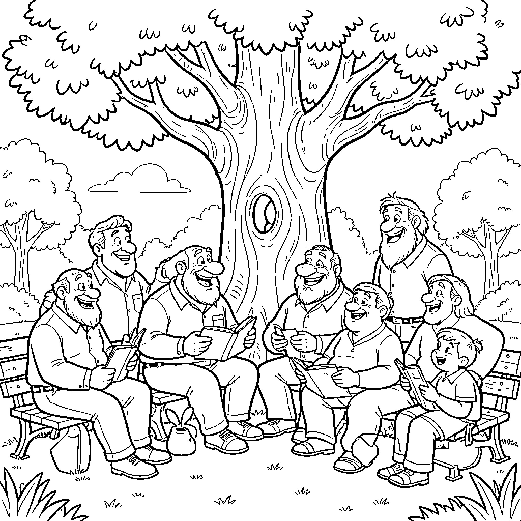 Disney Dad sharing stories with a group of friends Coloring Page (free black-and-white line drawing printable PDF for all, from beginners to advanced learners, including children, teens, adults, and seniors)