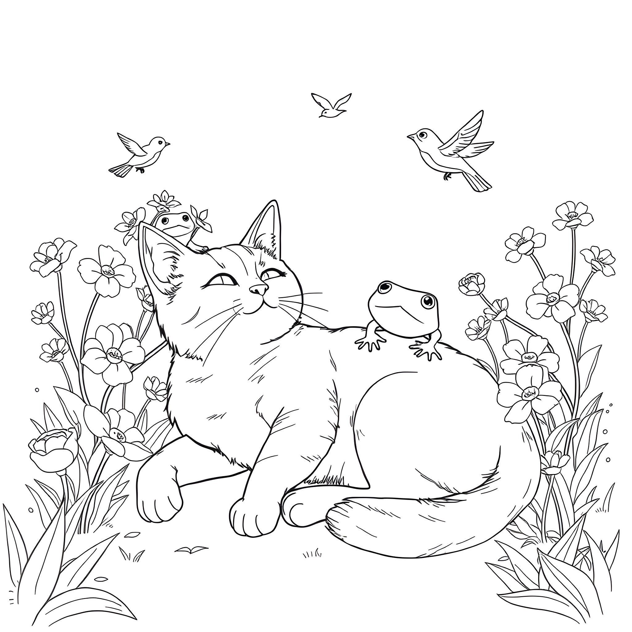 Cat and frog relaxing in floral garden Coloring Page (free black-and-white line drawing printable PDF for all, from beginners to advanced learners, including children, teens, adults, and seniors)