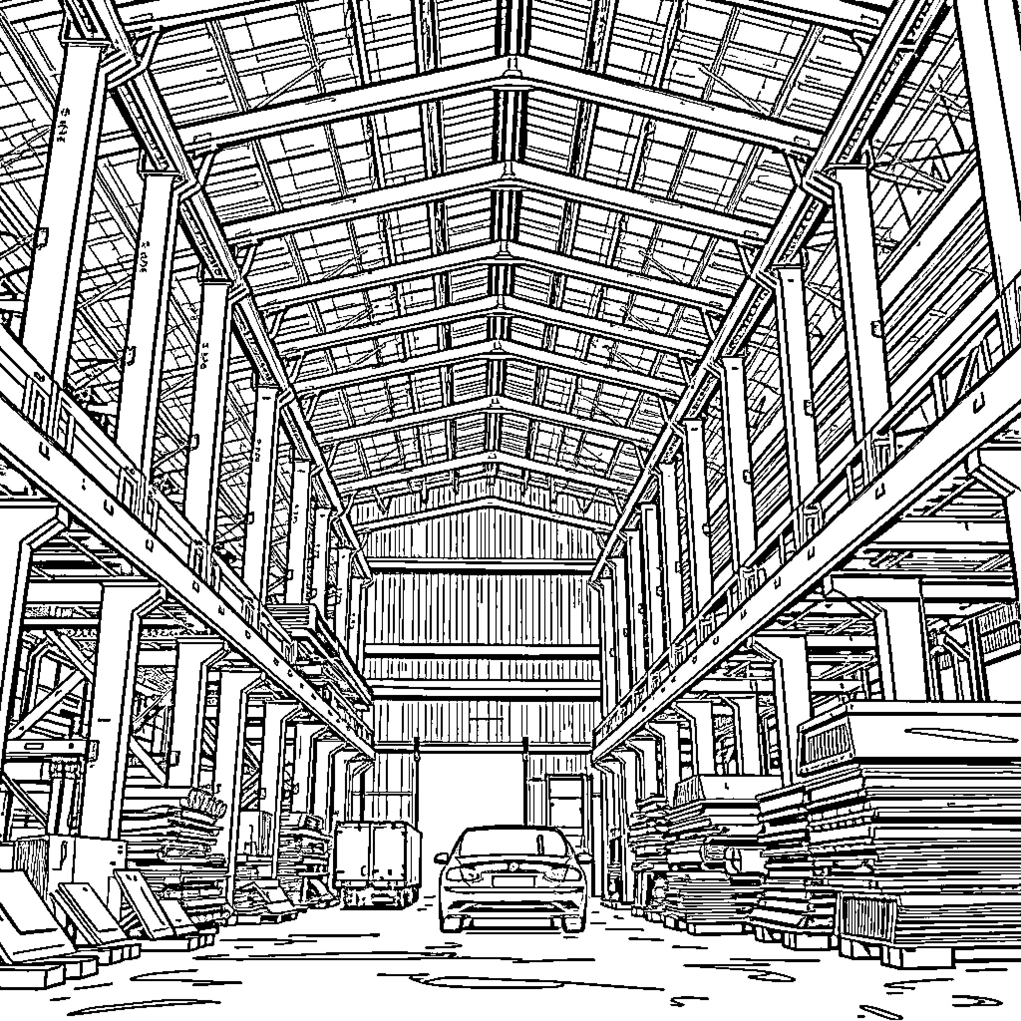 Steel Interior Design Warehouse Layout Coloring Page (free black-and-white line drawing printable PDF for all, from beginners to advanced learners, including children, teens, adults, and seniors)