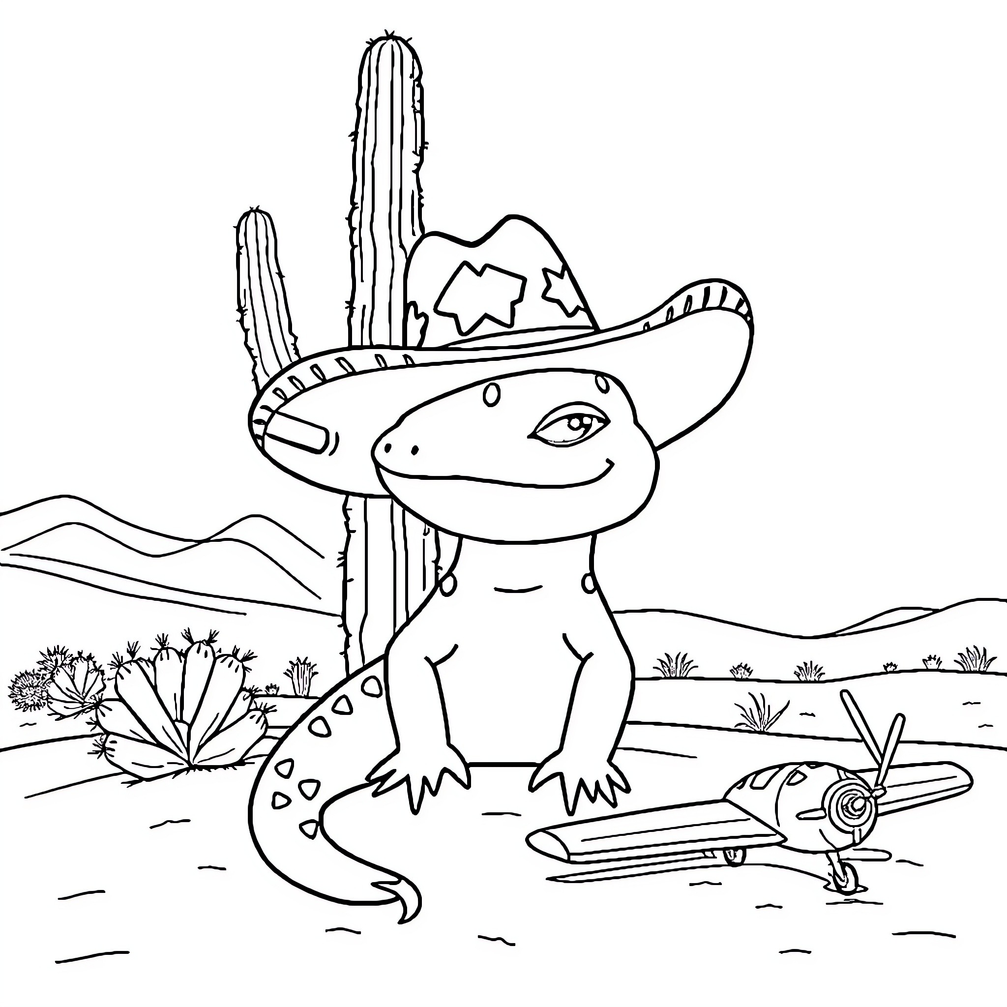 Axolotl cowboy exploring the desert landscape Coloring Page (free black-and-white line drawing printable PDF for all, from beginners to advanced learners, including children, teens, adults, and seniors)