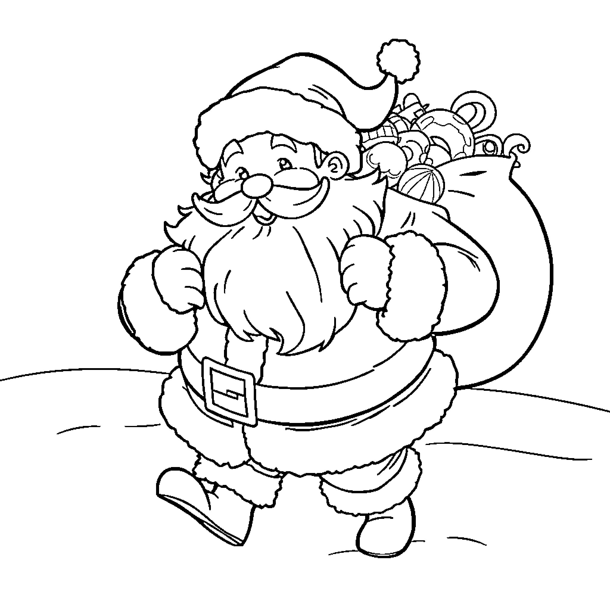 Santa carrying a sack of toys Coloring Page (free black-and-white line drawing printable PDF for all, from beginners to advanced learners, including children, teens, adults, and seniors)