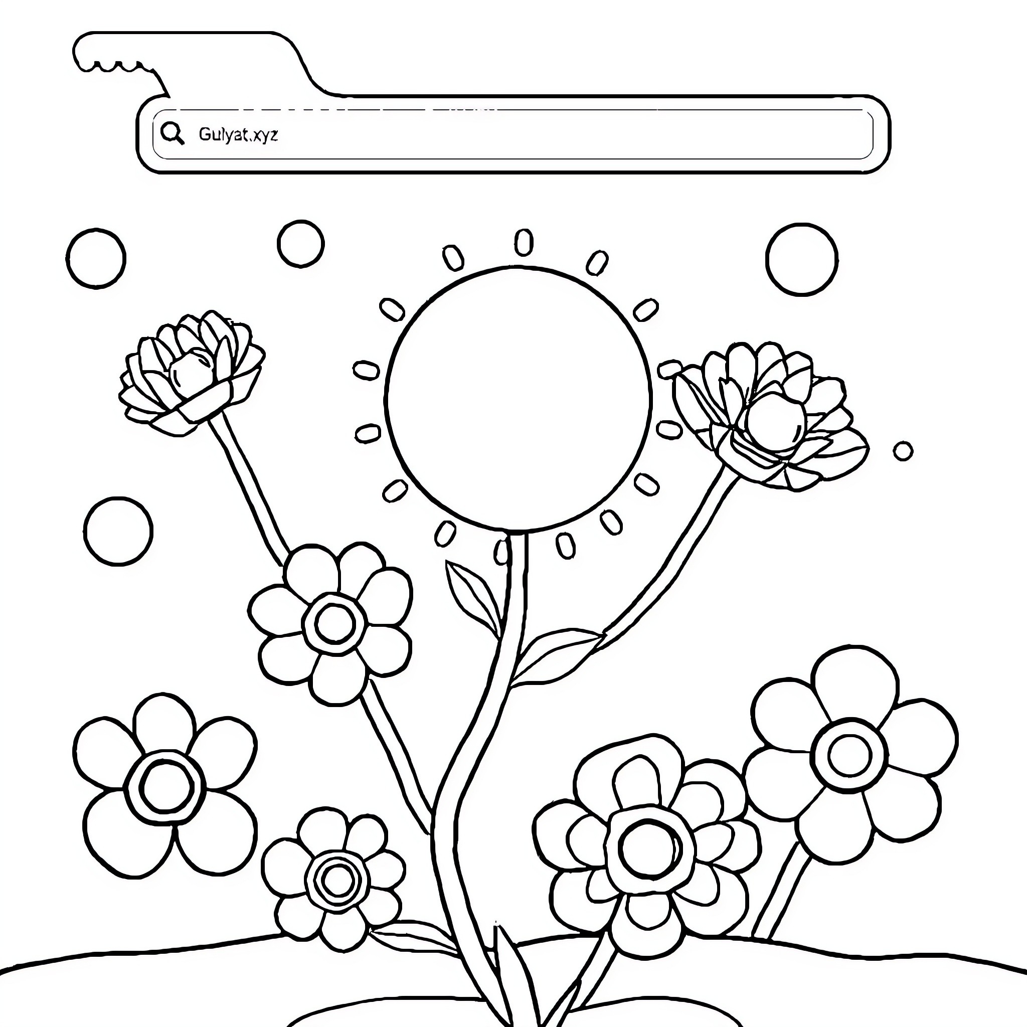 GULYAT Flowers blooming beautifully in the meadow Coloring Page (free black-and-white line drawing printable PDF for all, from beginners to advanced learners, including children, teens, adults, and seniors)