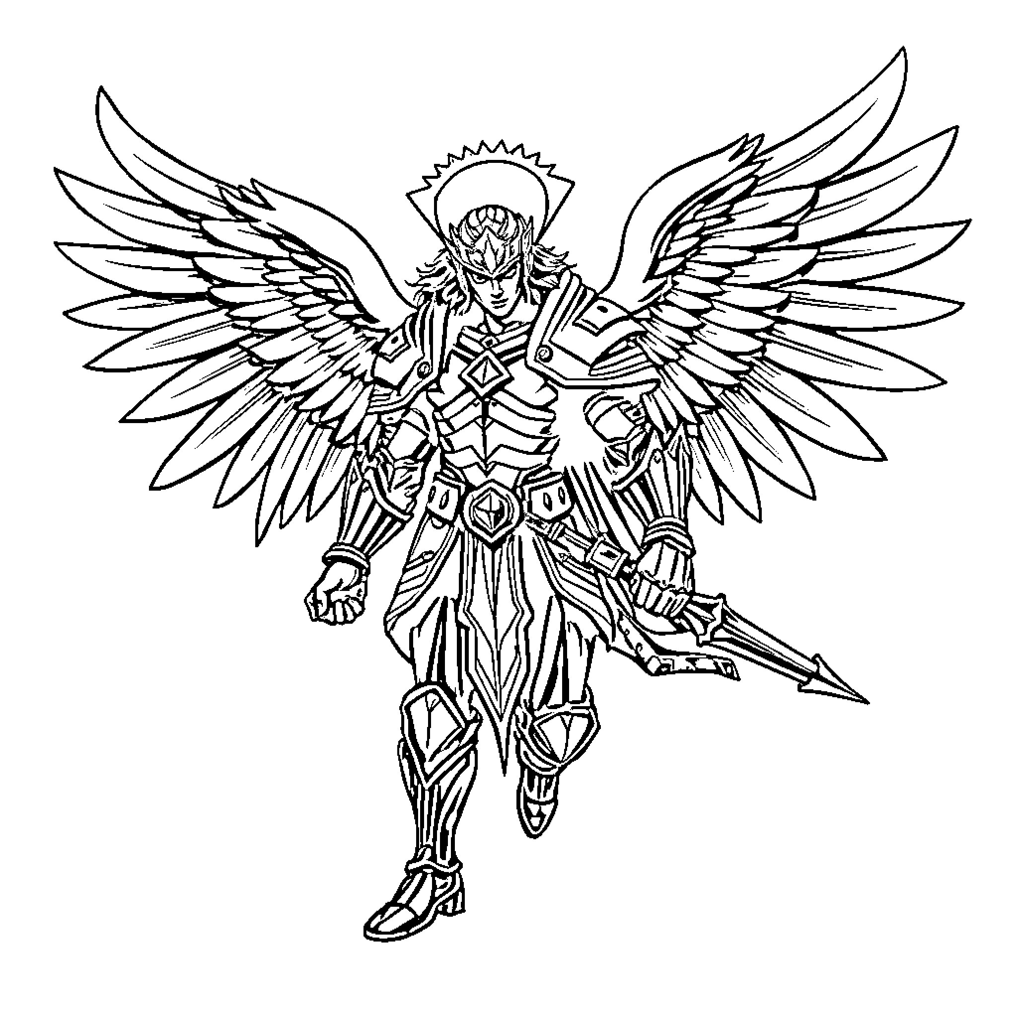 Angel warrior with majestic wings and armor Coloring Page (free black-and-white line drawing printable PDF for all, from beginners to advanced learners, including children, teens, adults, and seniors)