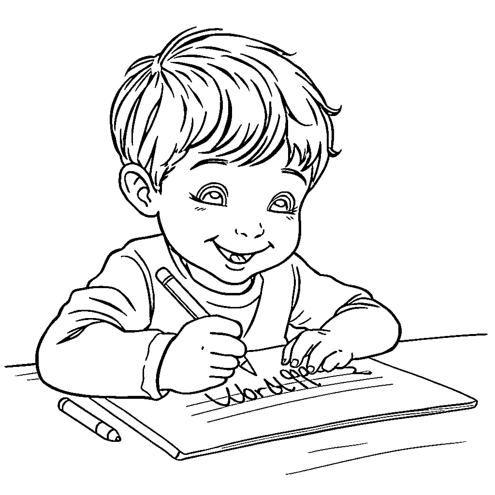 Handwriting - Young boy concentrating on writing Coloring Page (free black-and-white line drawing printable PDF for all, from beginners to advanced learners, including children, teens, adults, and seniors)