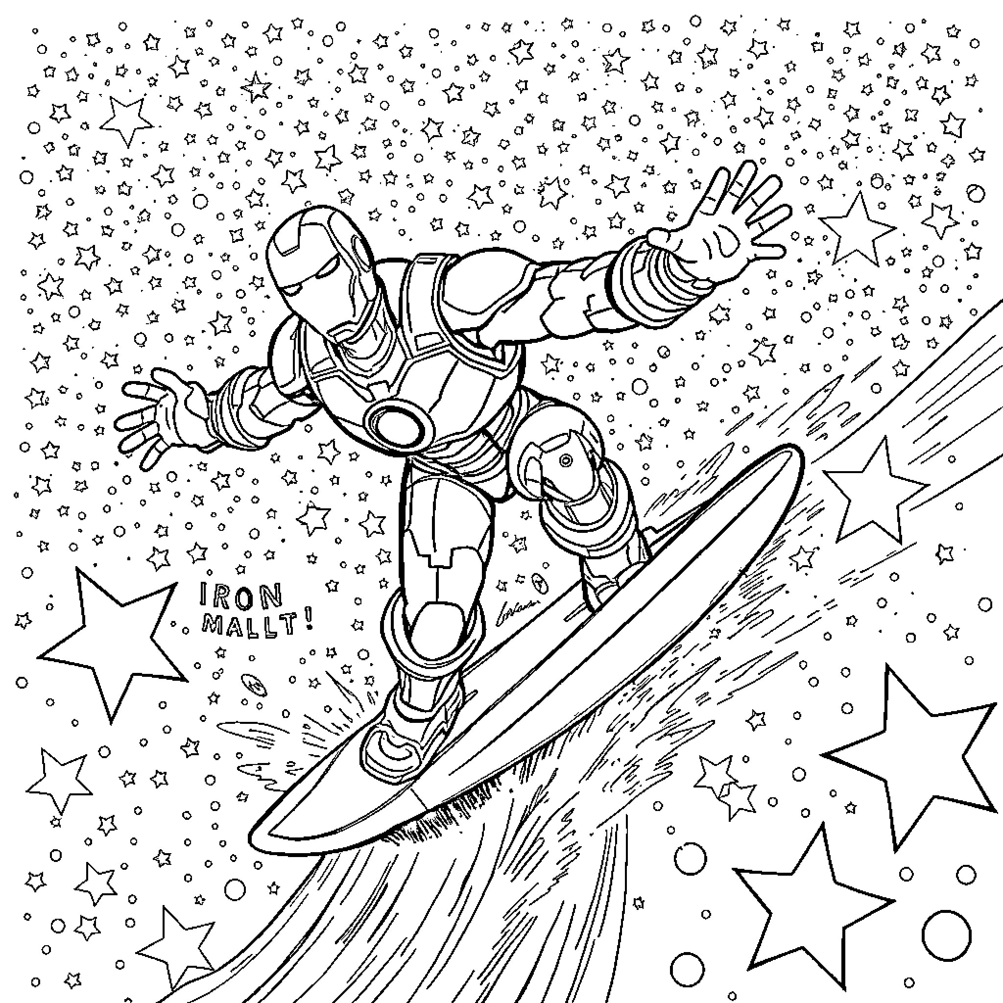 Iron Man Surfing Through the Cosmos Coloring Page (free black-and-white line drawing printable PDF for all, from beginners to advanced learners, including children, teens, adults, and seniors)