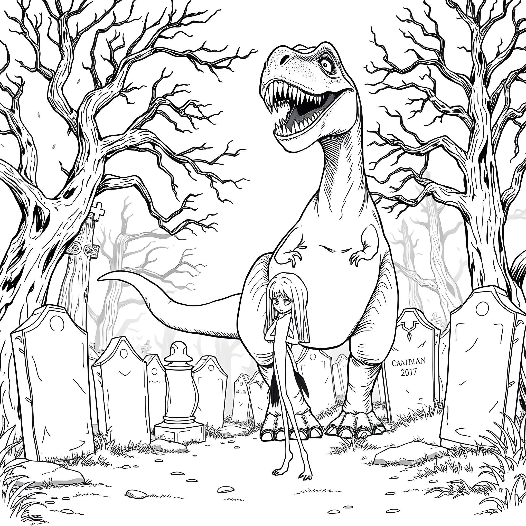 Coraline exploring the eerie graveyard with a giant dinosaur Coloring Page (free black-and-white line drawing printable PDF for all, from beginners to advanced learners, including children, teens, adults, and seniors)
