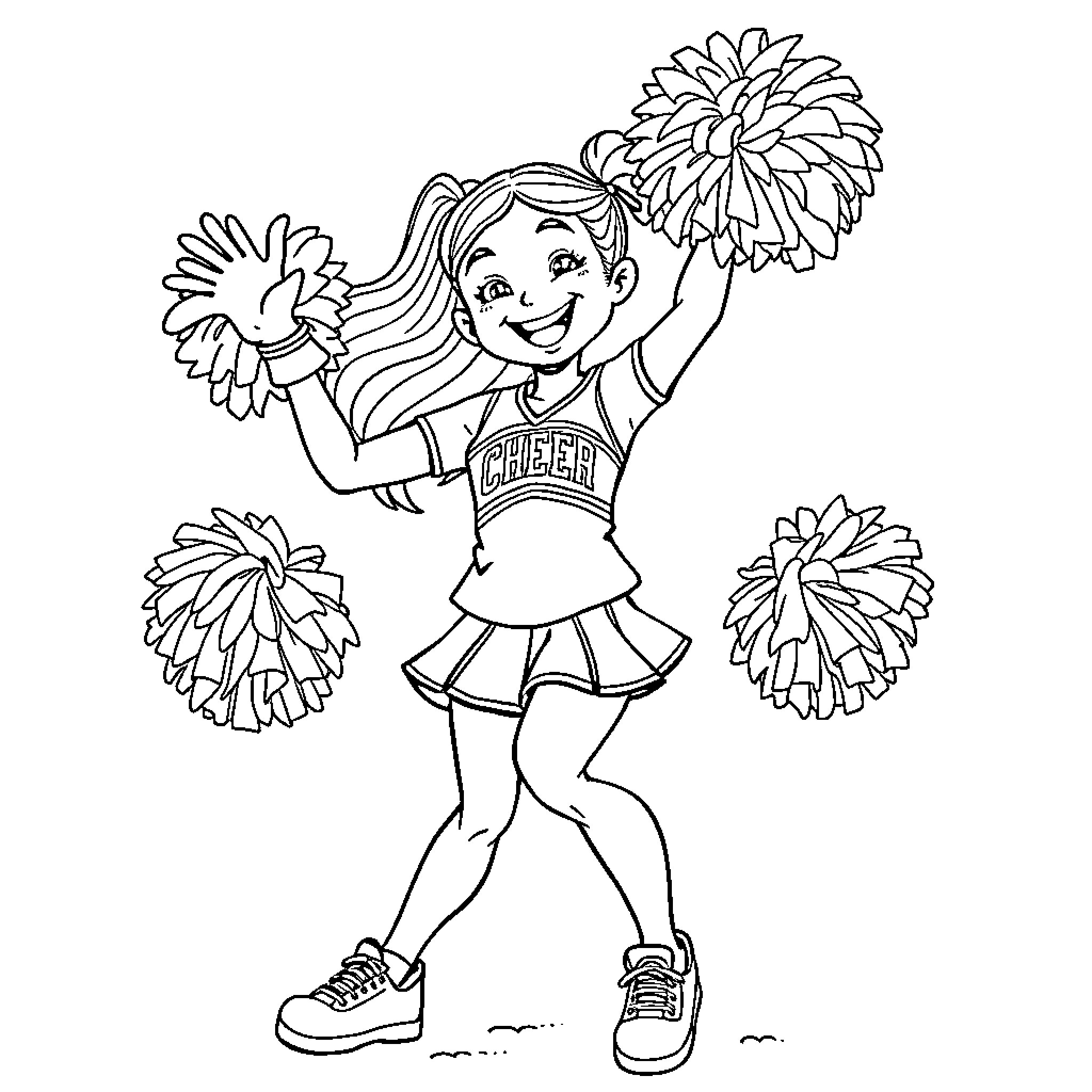 Cheerleader performing energetic routine with pom-poms Coloring Page (free black-and-white line drawing printable PDF for all, from beginners to advanced learners, including children, teens, adults, and seniors)