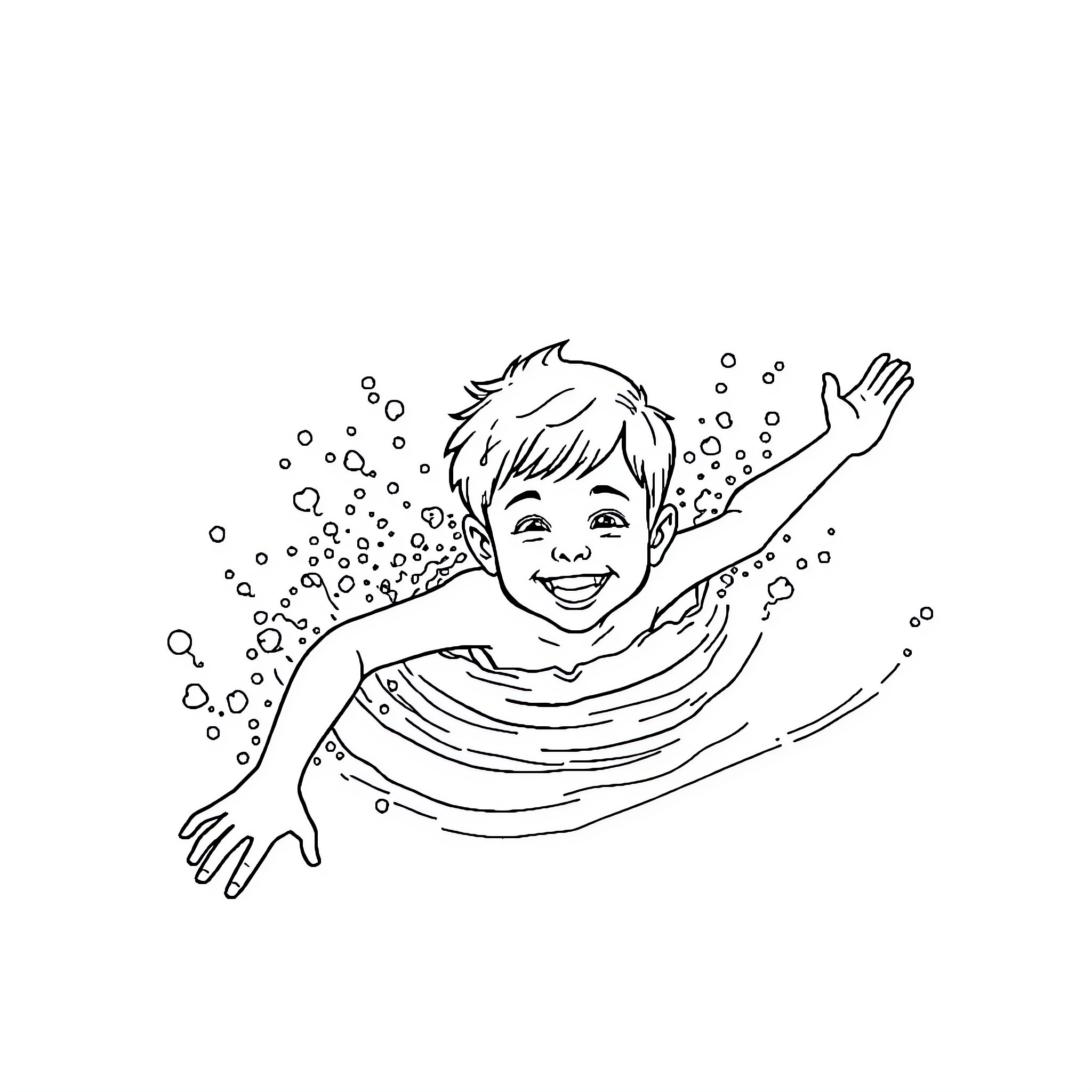 Boy playfully swimming in bubbly water Coloring Page (free black-and-white line drawing printable PDF for all, from beginners to advanced learners, including children, teens, adults, and seniors)