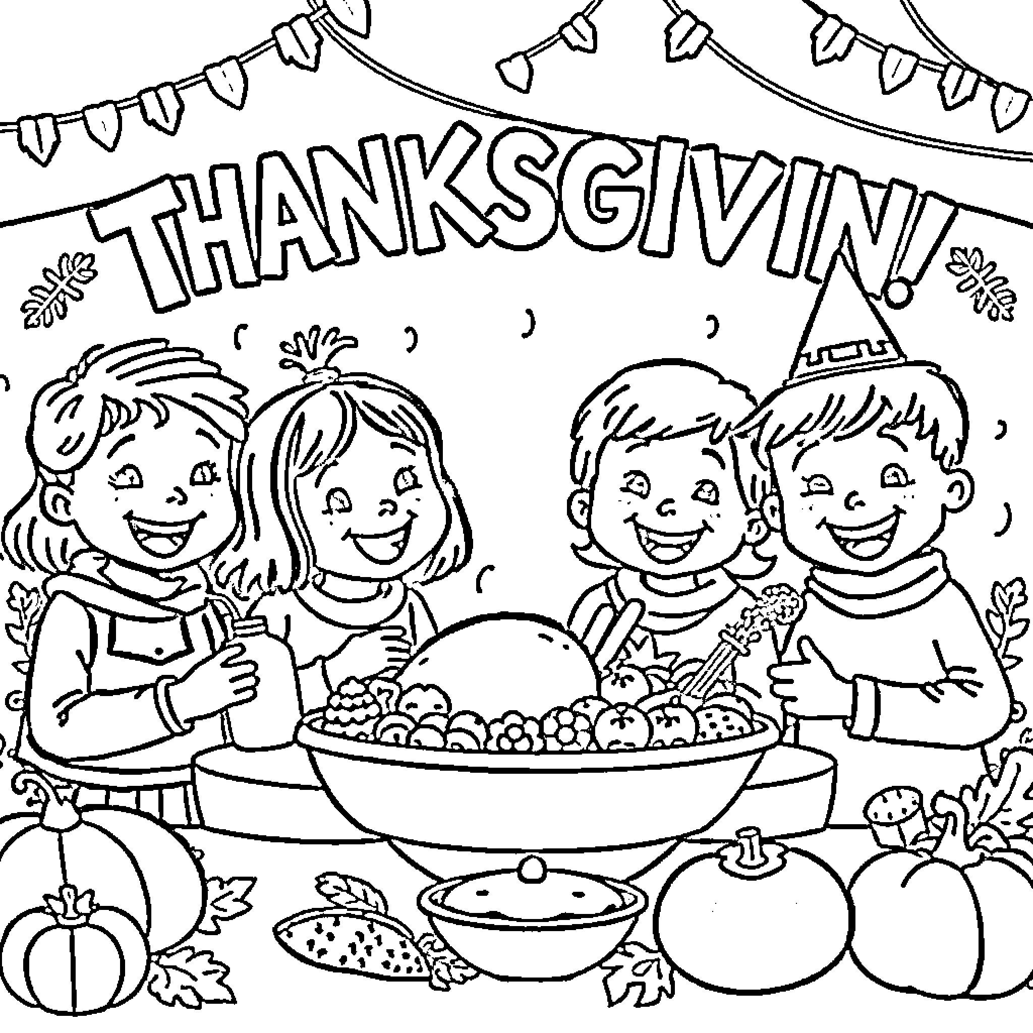 Kid's Thanksgiving Celebration with Family Coloring Page (free black-and-white line drawing printable PDF for all, from beginners to advanced learners, including children, teens, adults, and seniors)