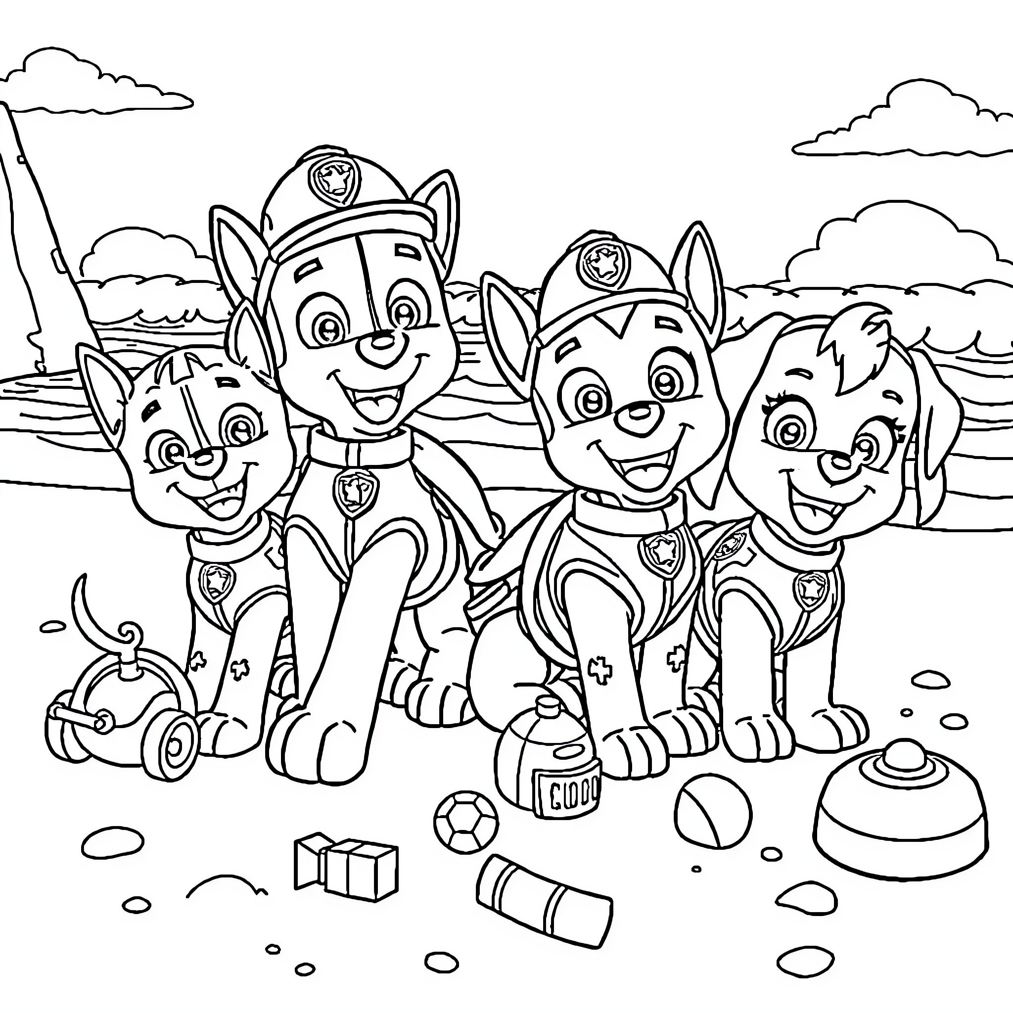 Paw Patrol pups on an outdoor adventure Coloring Page (free black-and-white line drawing printable PDF for all, from beginners to advanced learners, including children, teens, adults, and seniors)