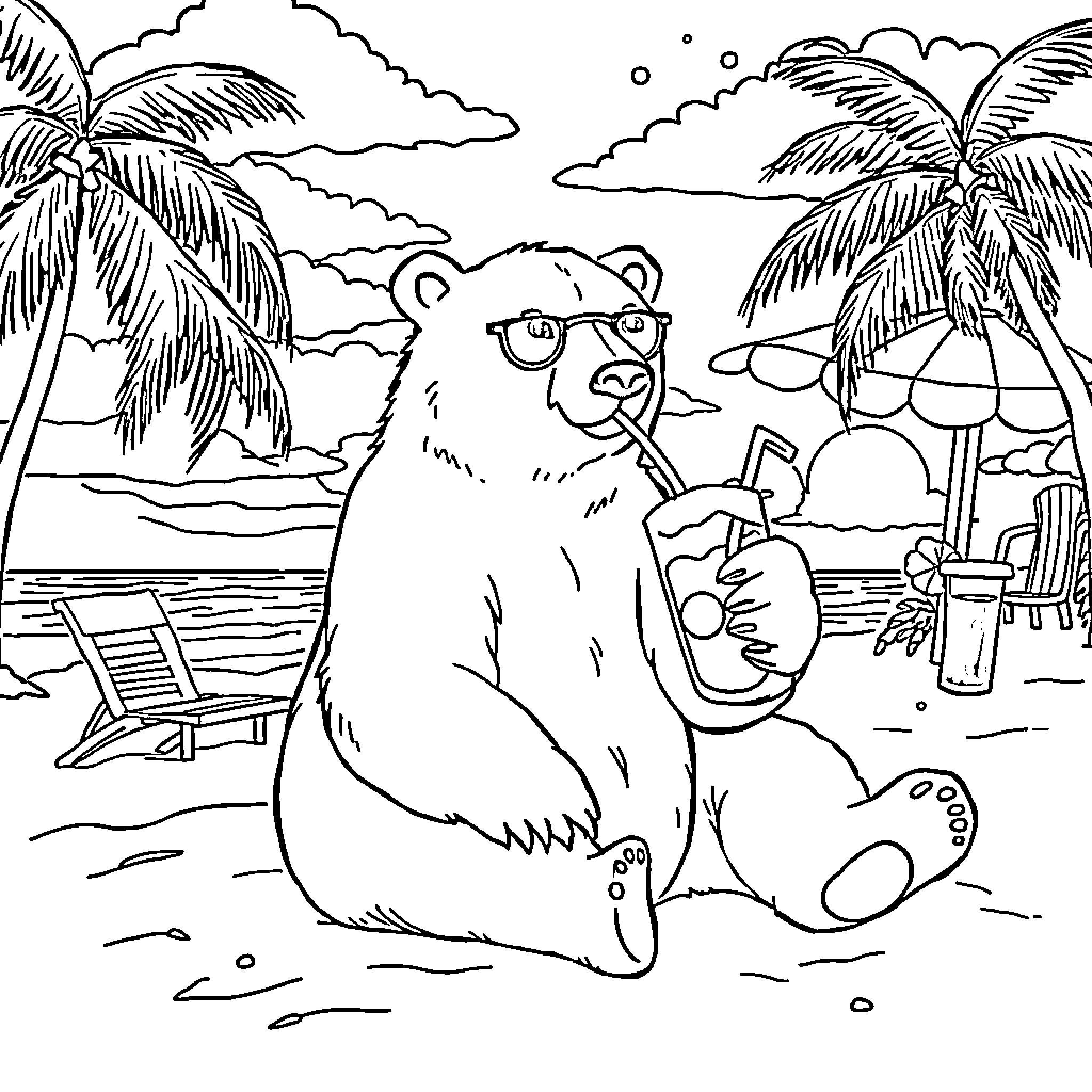Polar Bear enjoying a refreshing drink on the beach Coloring Page (free black-and-white line drawing printable PDF for all, from beginners to advanced learners, including children, teens, adults, and seniors)