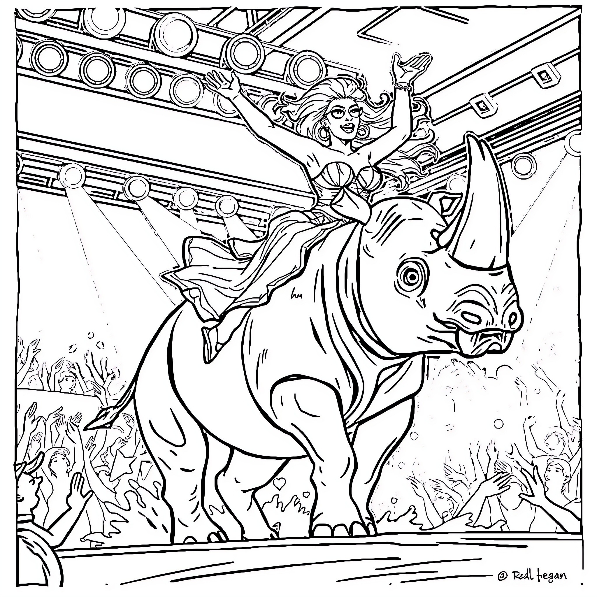 Lady Gaga Performing on a Rhinoceros in a Colorful Stage Coloring Page (free black-and-white line drawing printable PDF for all, from beginners to advanced learners, including children, teens, adults, and seniors)
