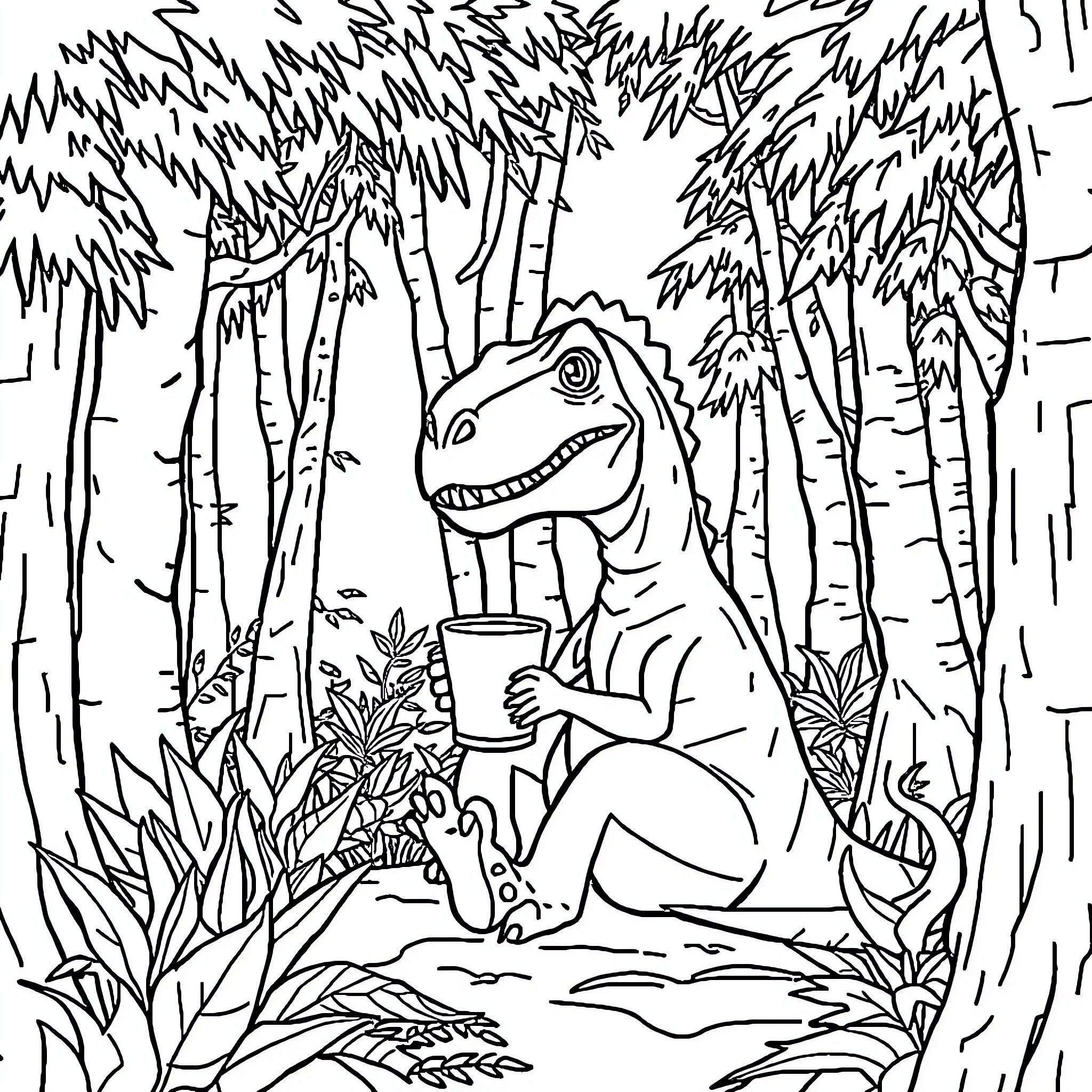 Dinosaur enjoying a refreshing drink in the jungle Coloring Page (free black-and-white line drawing printable PDF for all, from beginners to advanced learners, including children, teens, adults, and seniors)