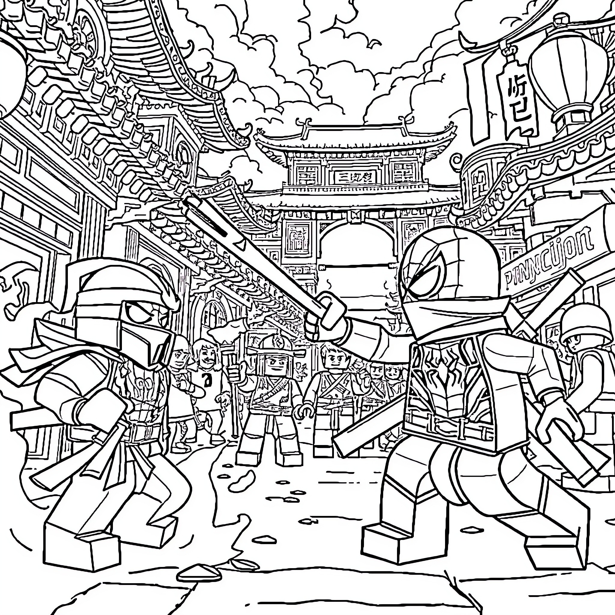 Spiderman in Action at Chinese Marketplace Coloring Page (free black-and-white line drawing printable PDF for all, from beginners to advanced learners, including children, teens, adults, and seniors)
