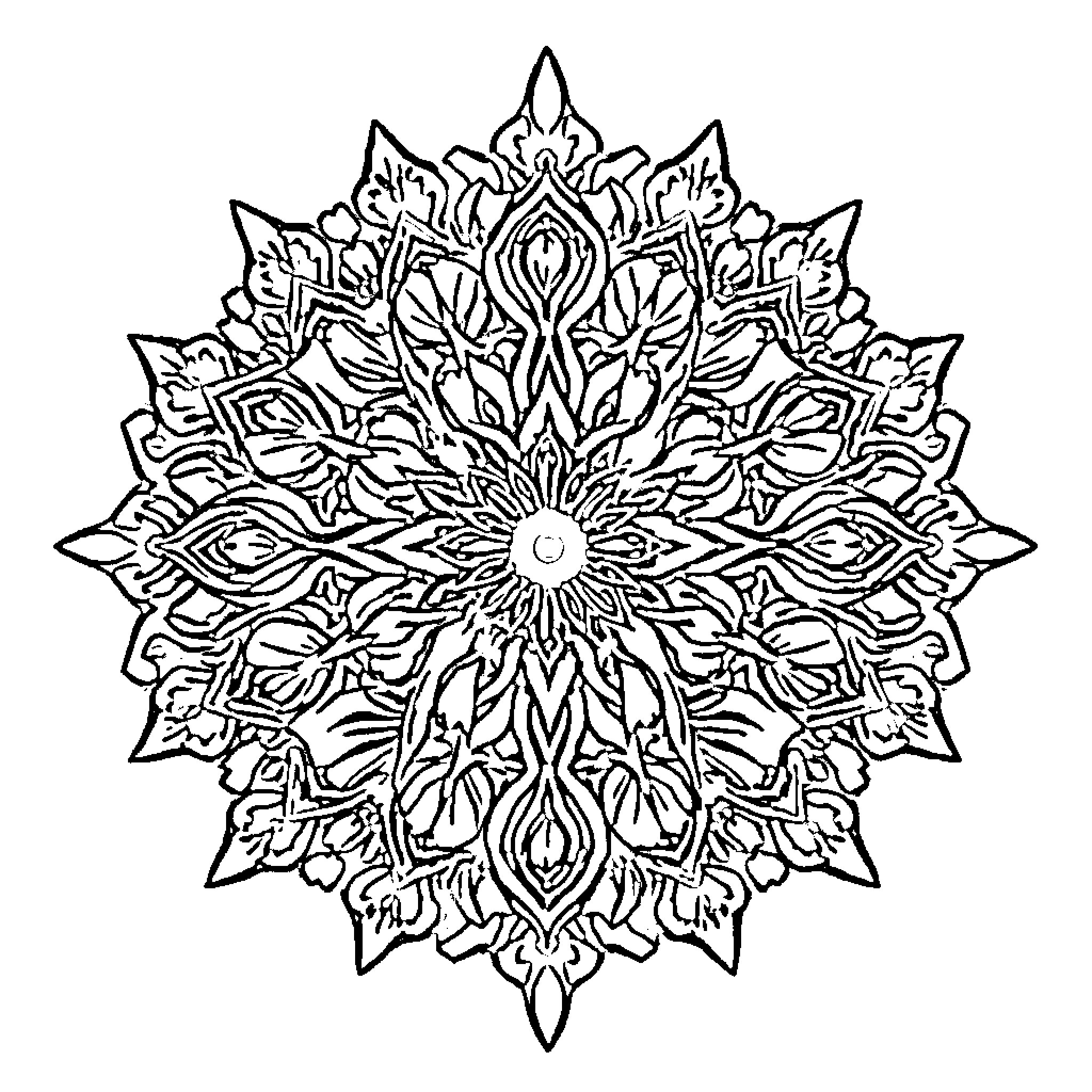 Mandala of intricate floral patterns Coloring Page (free black-and-white line drawing printable PDF for all, from beginners to advanced learners, including children, teens, adults, and seniors)