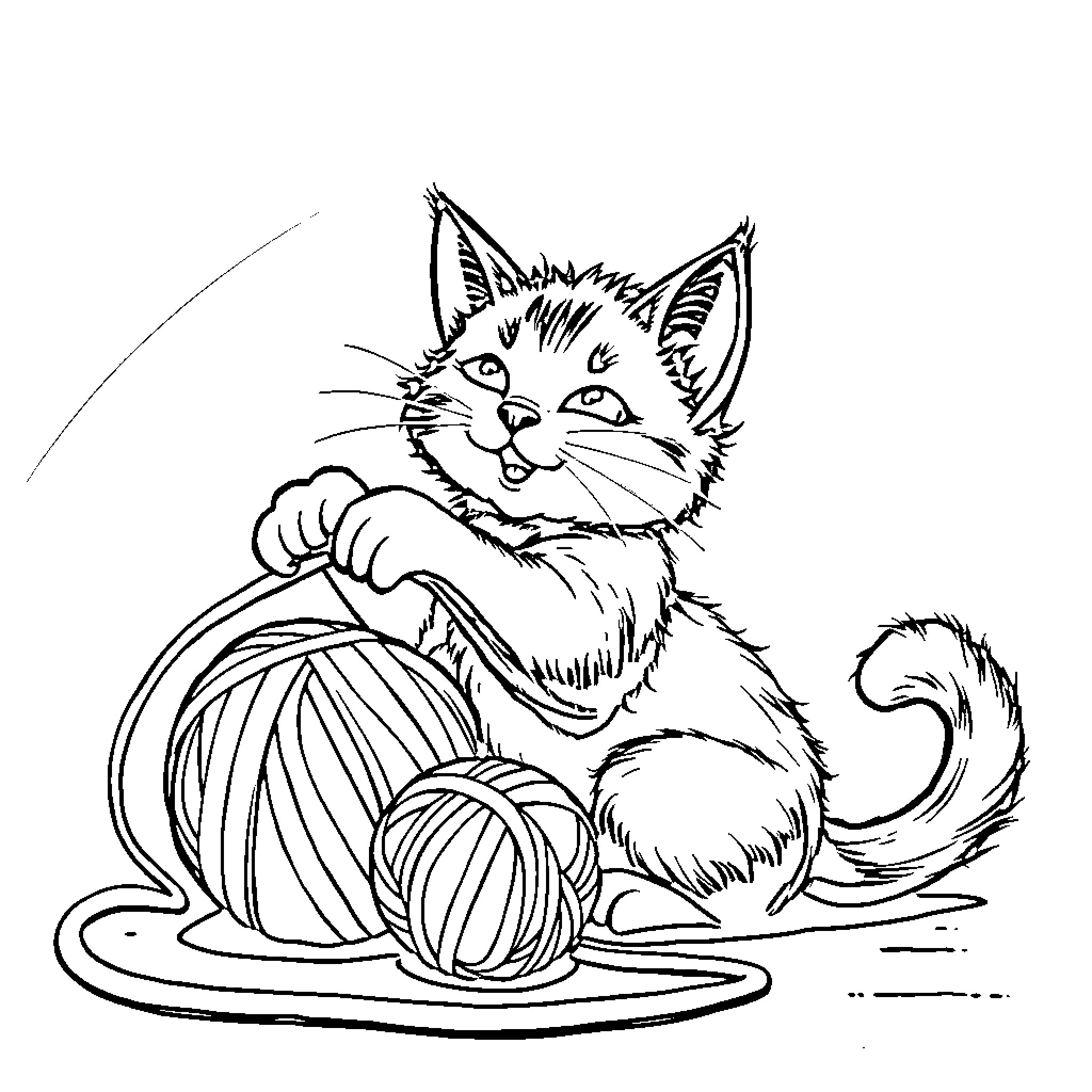 Cat playing with yarn on the floor Coloring Page (free black-and-white line drawing printable PDF for all, from beginners to advanced learners, including children, teens, adults, and seniors)