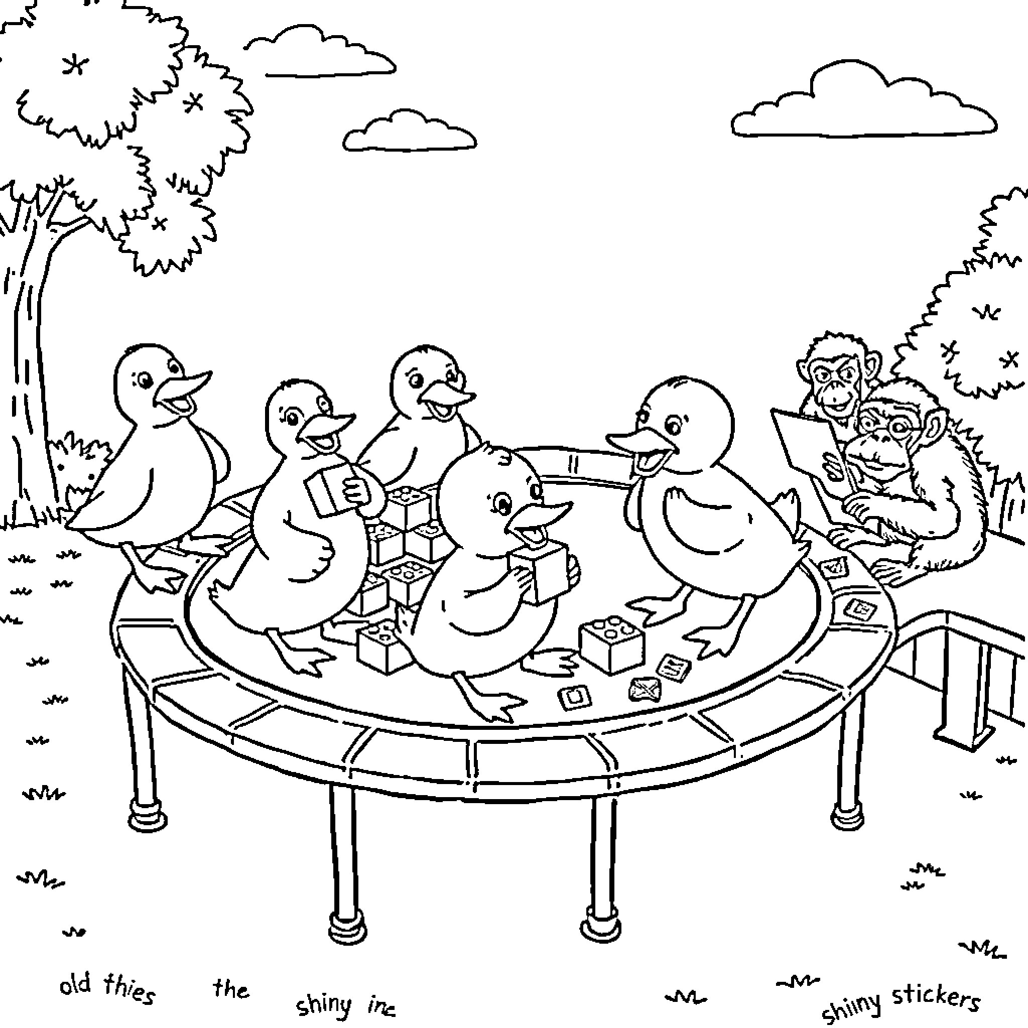 Duck friends enjoying a fun picnic together Coloring Page (free black-and-white line drawing printable PDF for all, from beginners to advanced learners, including children, teens, adults, and seniors)