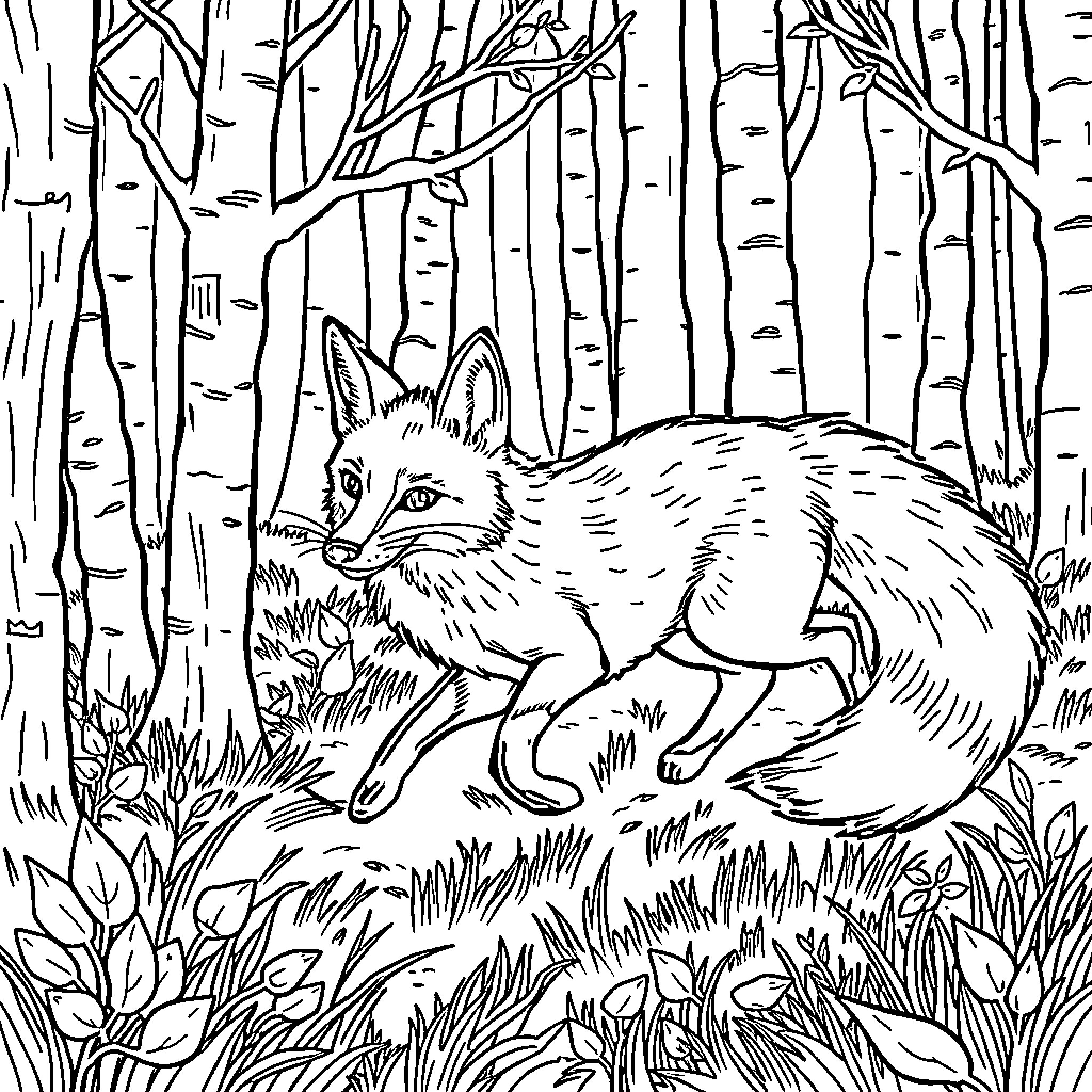 Fox stalking through the forest Coloring Page (free black-and-white line drawing printable PDF for all, from beginners to advanced learners, including children, teens, adults, and seniors)