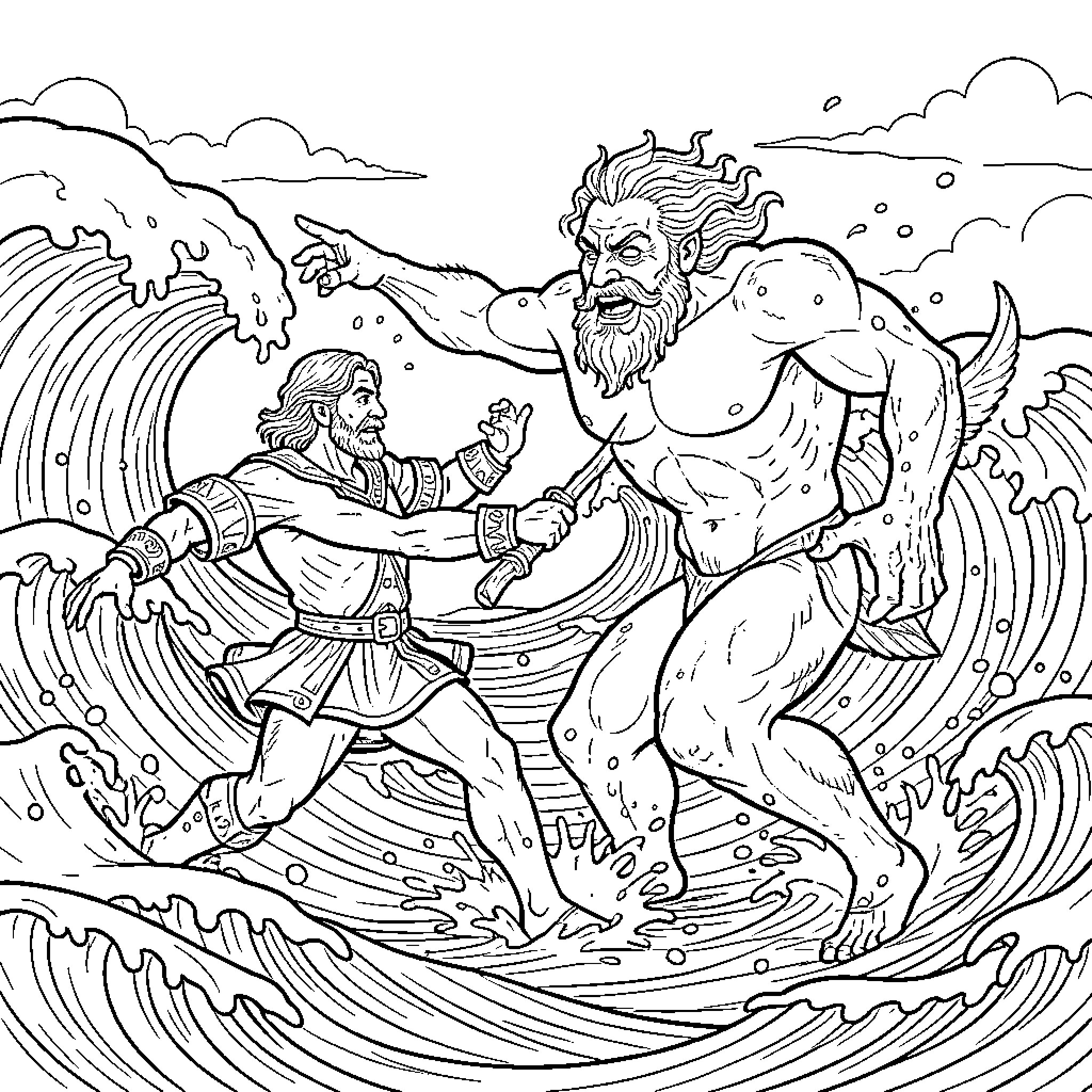 Maja witnessing a warrior battling a giant sea creature Coloring Page (free black-and-white line drawing printable PDF for all, from beginners to advanced learners, including children, teens, adults, and seniors)