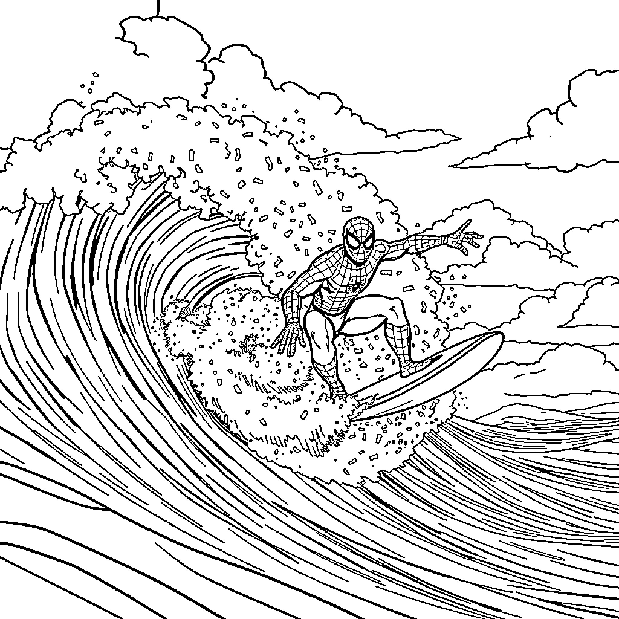 Spider-Man surfing a giant wave Coloring Page (free black-and-white line drawing printable PDF for all, from beginners to advanced learners, including children, teens, adults, and seniors)