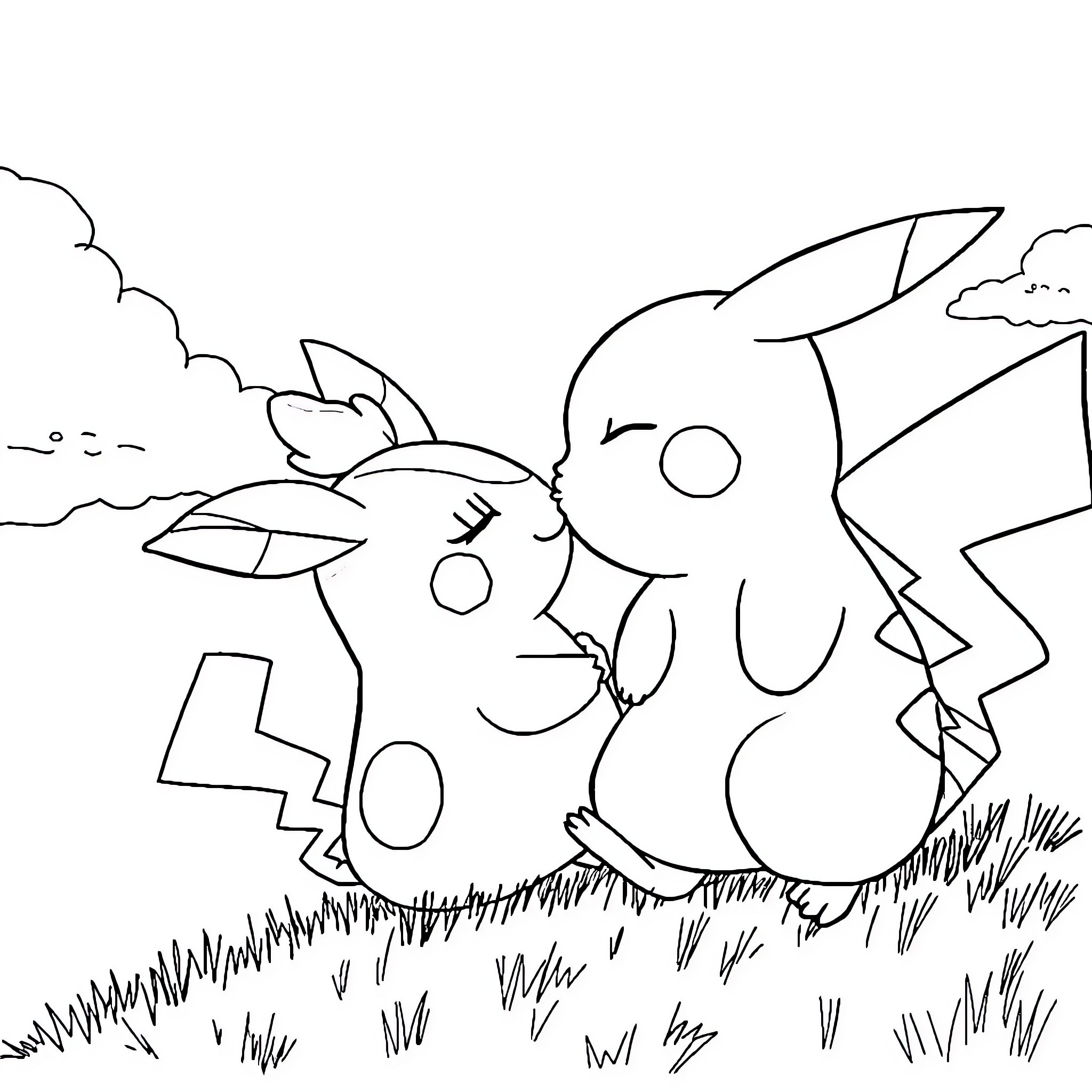 Pikachu playing in a grassy field Coloring Page (free black-and-white line drawing printable PDF for all, from beginners to advanced learners, including children, teens, adults, and seniors)