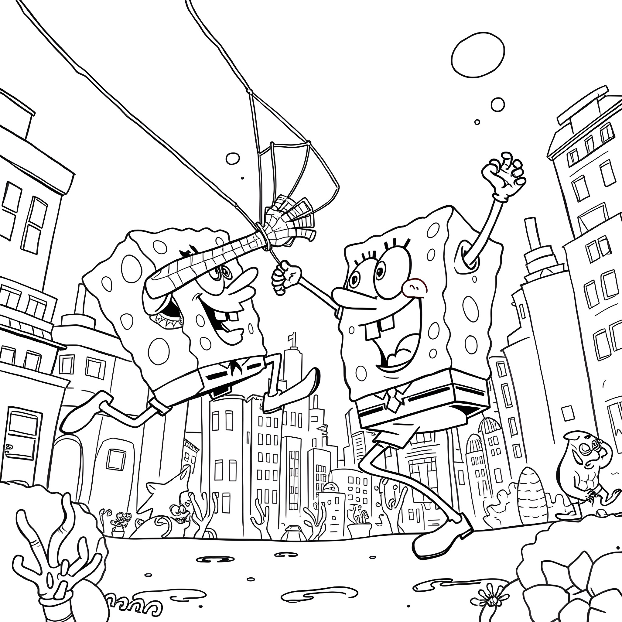 Spongebob and friends explore the city Coloring Page (free black-and-white line drawing printable PDF for all, from beginners to advanced learners, including children, teens, adults, and seniors)