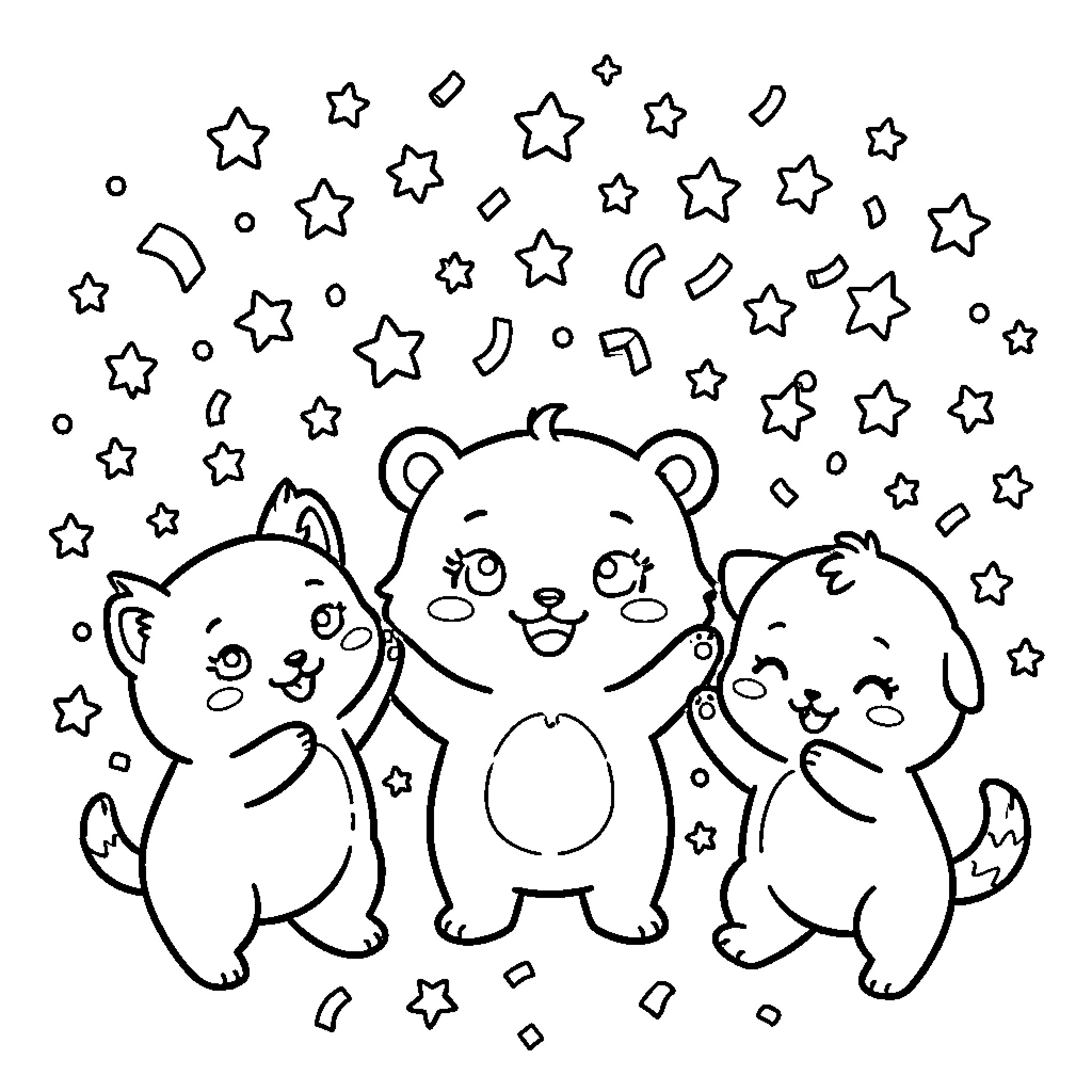Baby Animals playing with stars Coloring Page (free black-and-white line drawing printable PDF for all, from beginners to advanced learners, including children, teens, adults, and seniors)