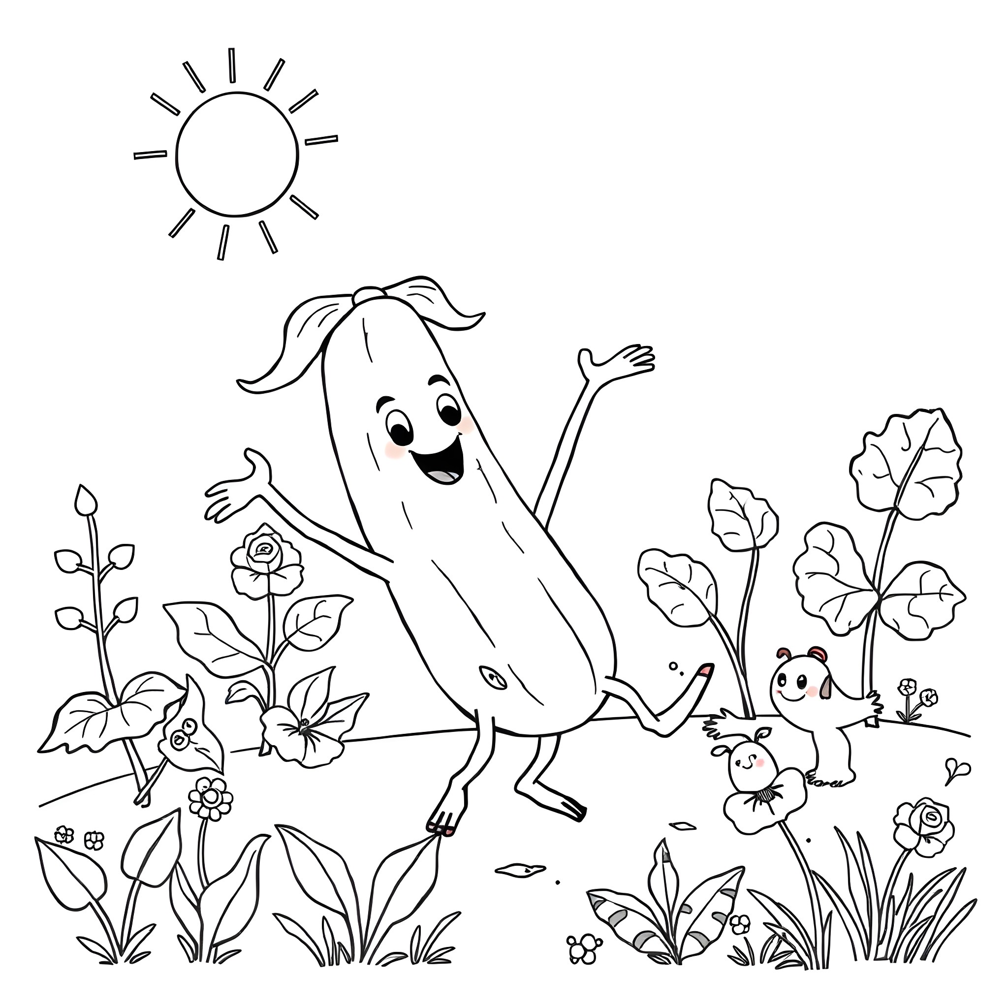 Cucumber happily playing in the garden Coloring Page (free black-and-white line drawing printable PDF for all, from beginners to advanced learners, including children, teens, adults, and seniors)