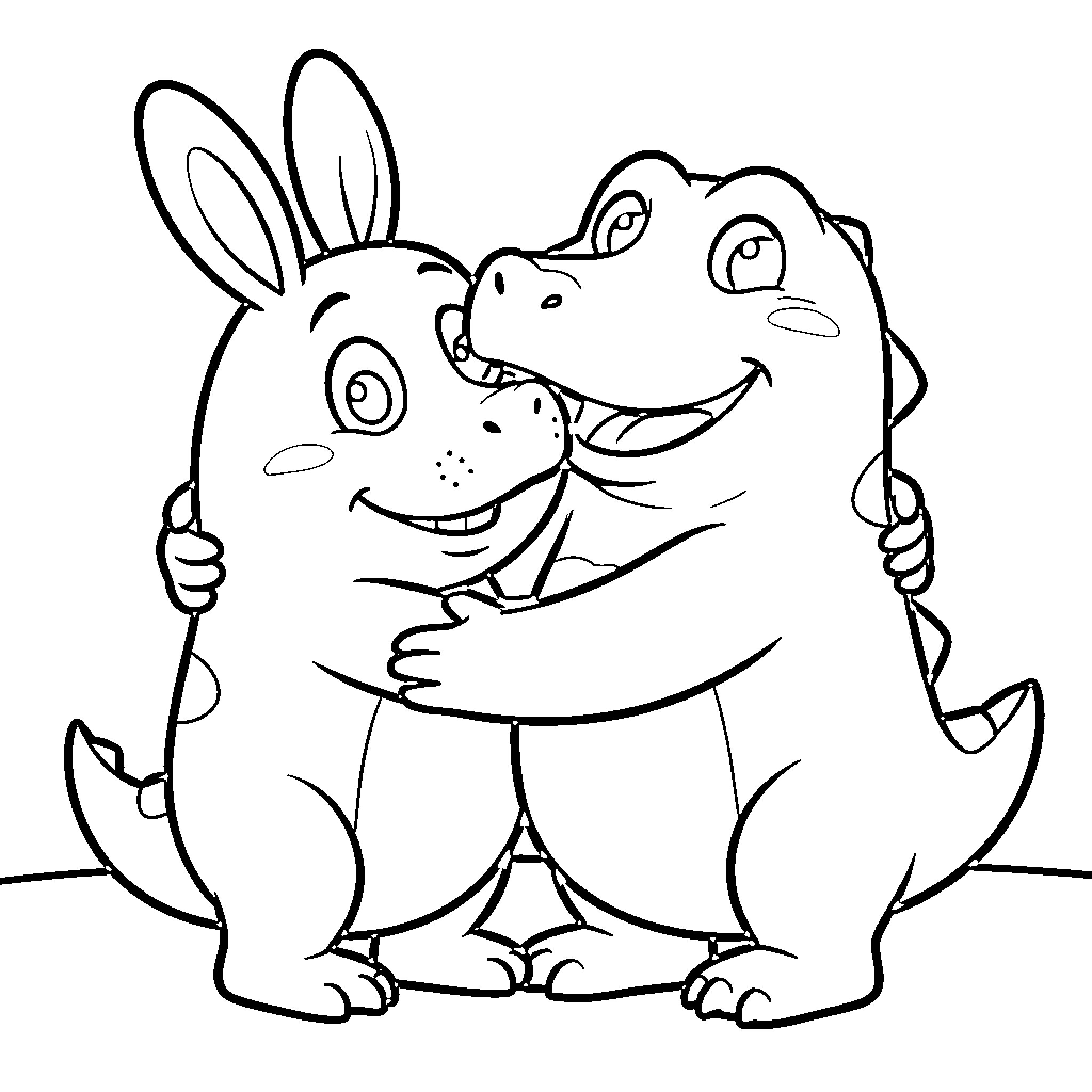 Roudoudou characters hugging each other with joy Coloring Page (free black-and-white line drawing printable PDF for all, from beginners to advanced learners, including children, teens, adults, and seniors)